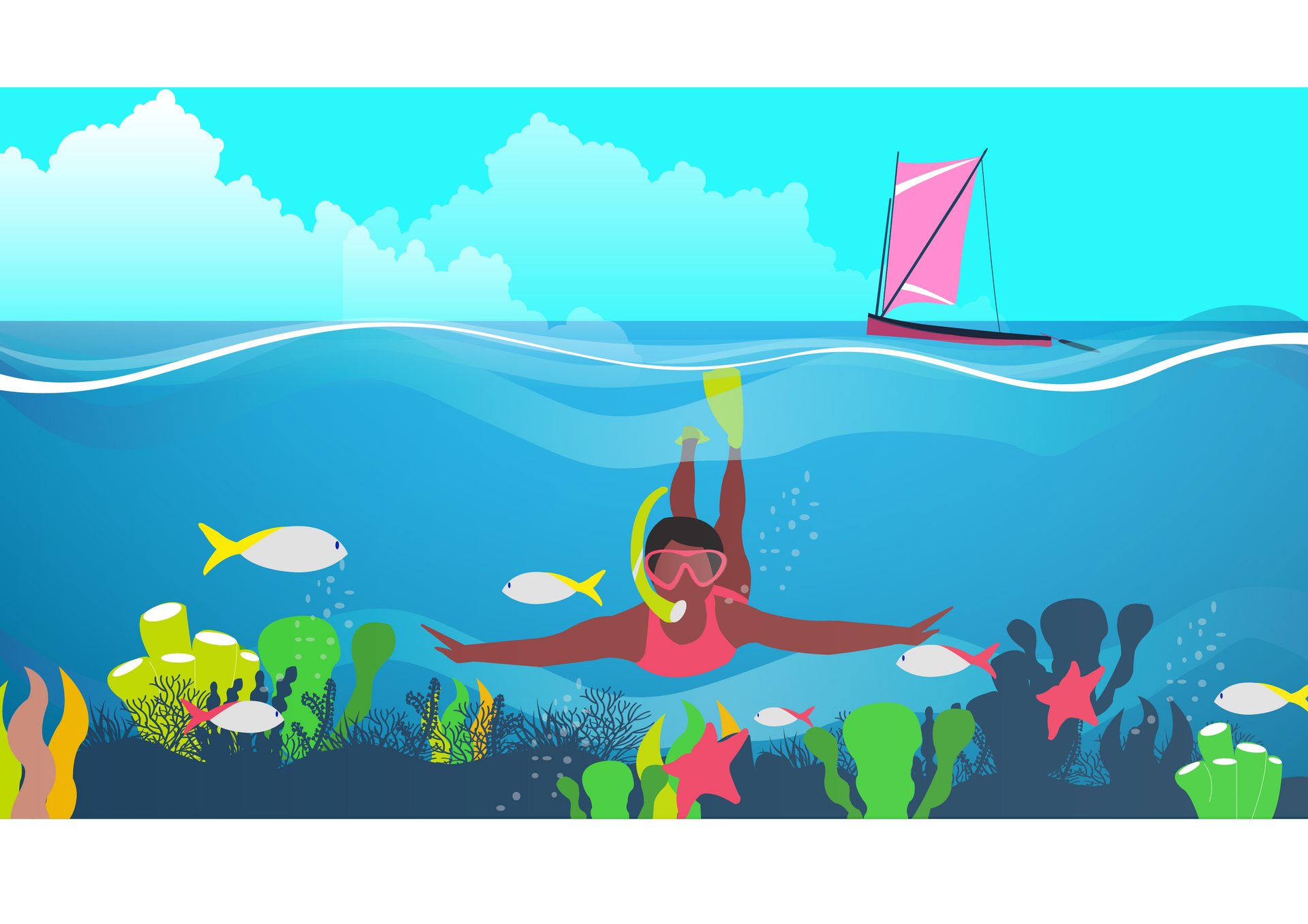 Illustration représentant un baigneur à la baignoire de Joséphine en Martinique, ambiance familiale.