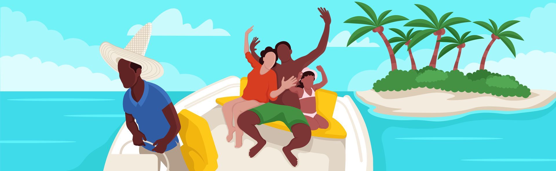 Illustration représentant une balade en bateau à la baignoire de Joséphine en Martinique, ambiance familiale.