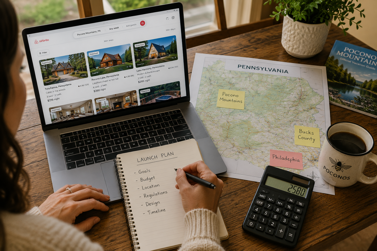 A homeowner reviewing Pennsylvania property listings with a notebook, printed map, calculator, and coffee.