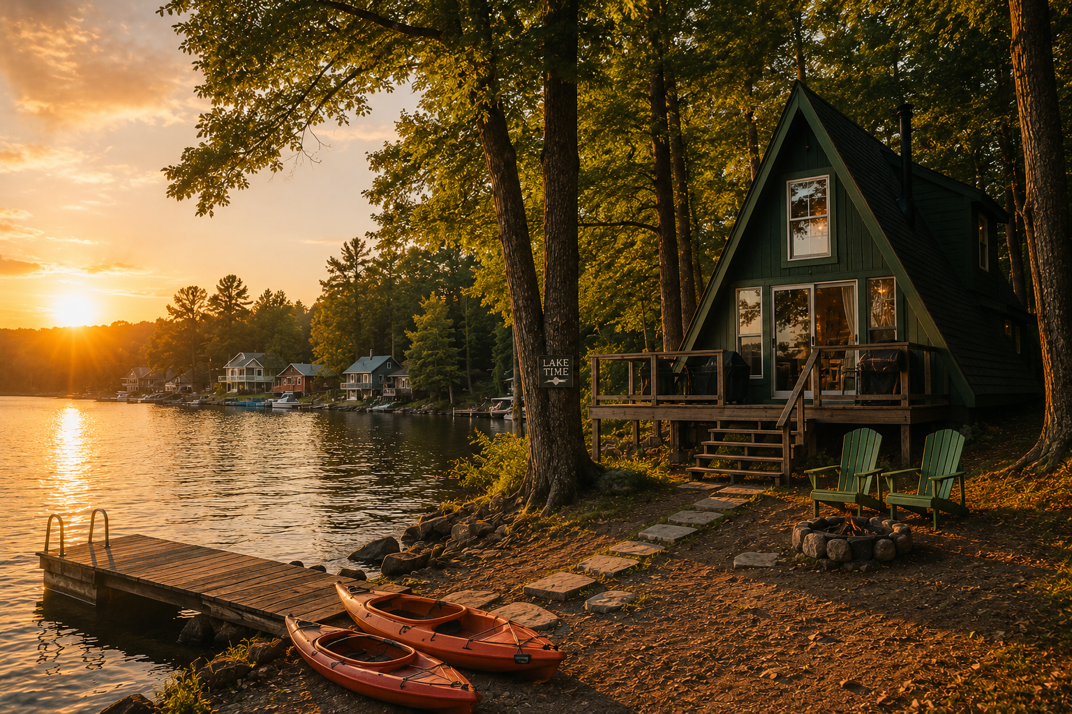A peaceful Pocono lake community at golden hour with a modest A-frame cabin, kayaks by the dock, mature trees, and calm water.