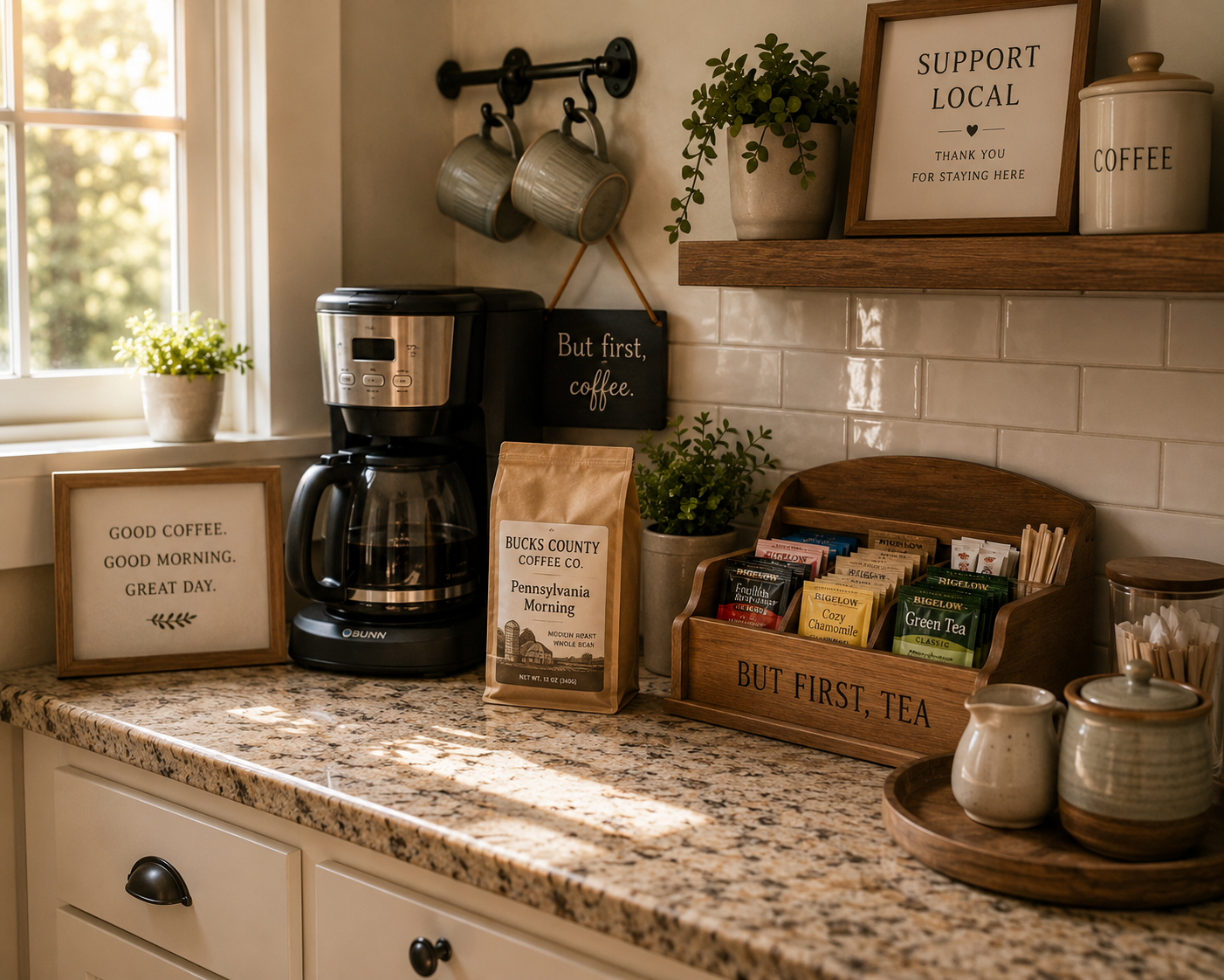 A cozy kitchen counter with a coffee station, locally roasted Pennsylvania coffee, mugs, tea selection, and neatly organized supplies. Warm morning light.