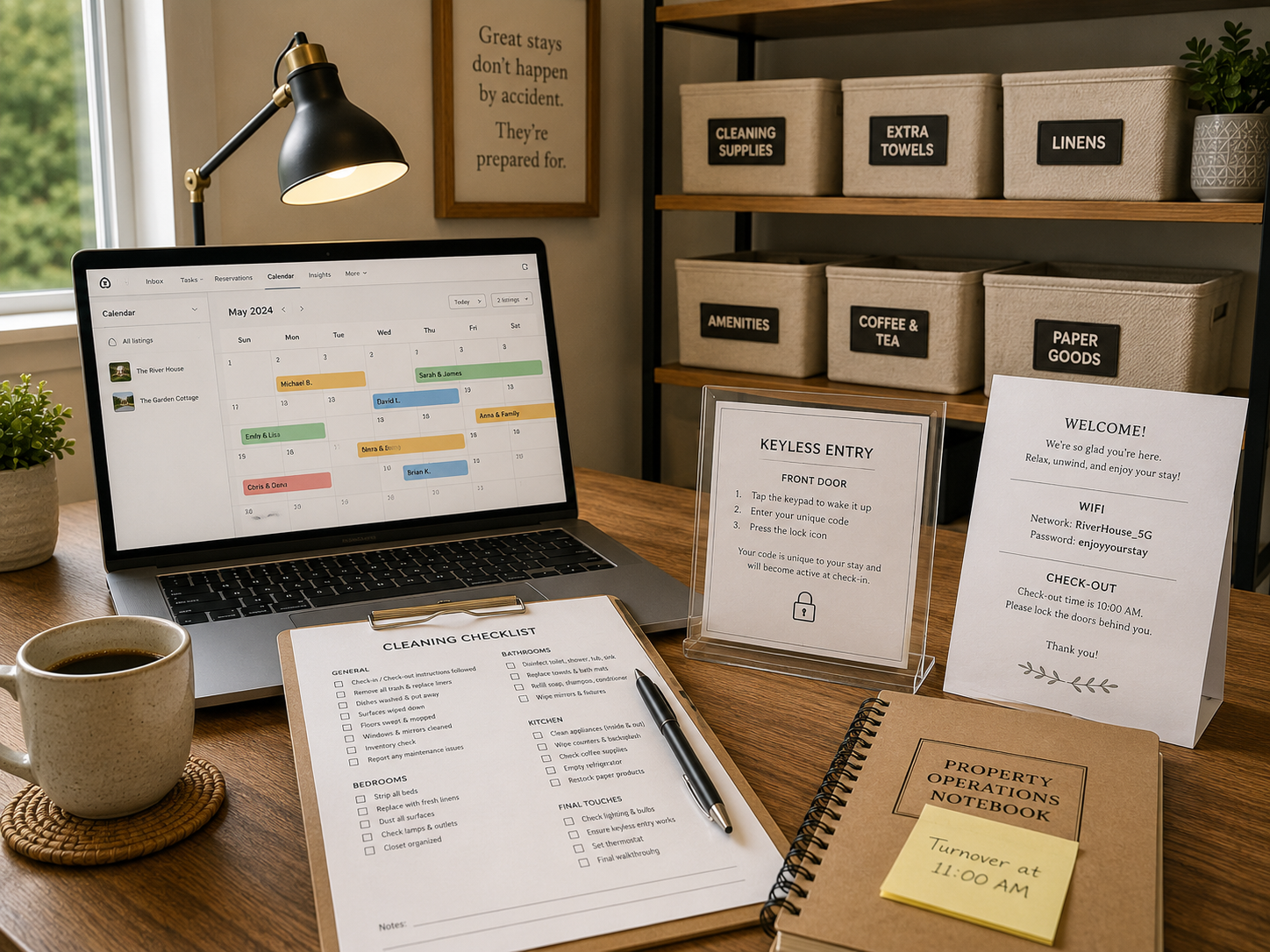 A neatly organized workspace with a laptop displaying a reservation calendar, a printed cleaning checklist, labeled storage bins, keyless entry instructions, and a cup of coffee.