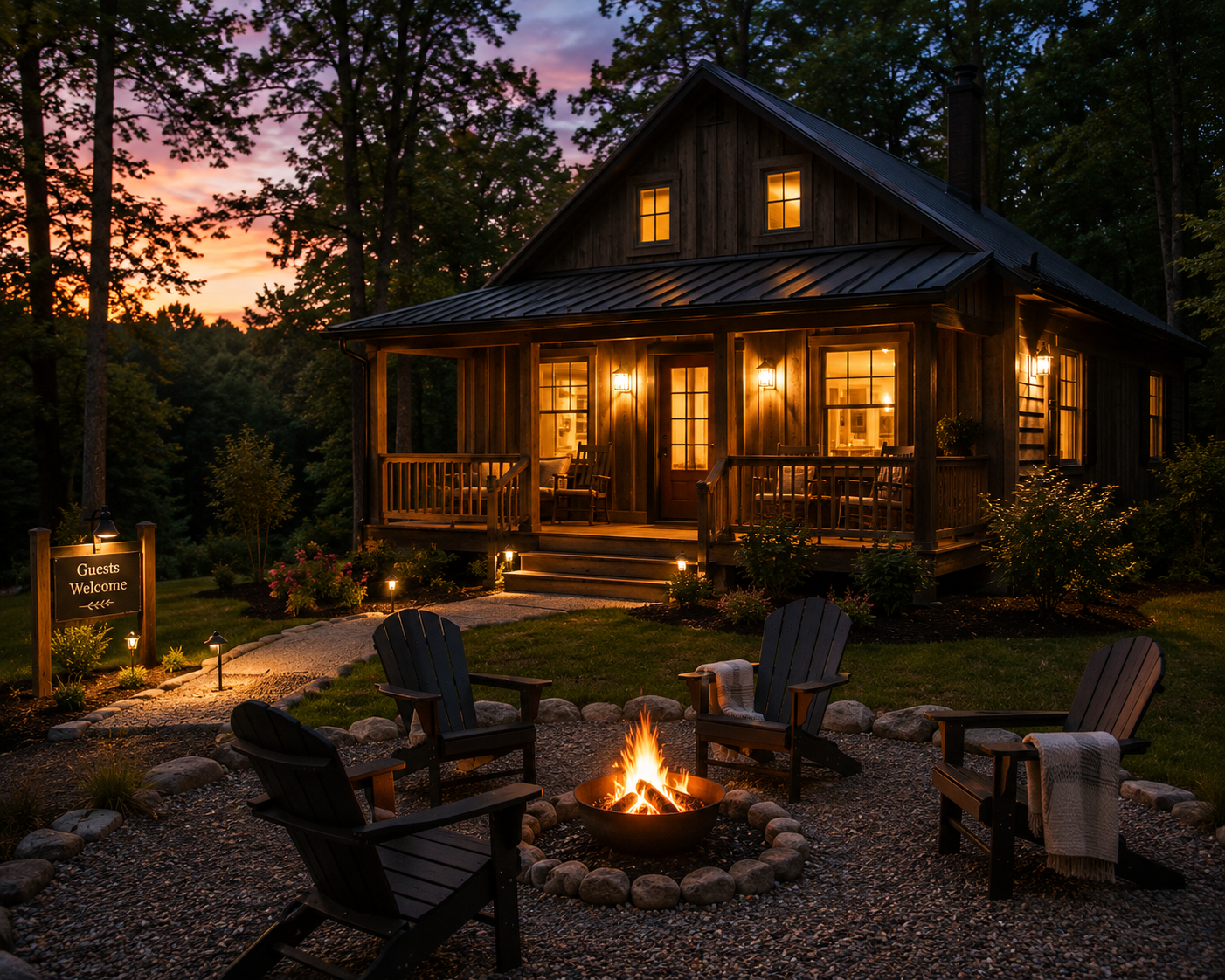 A cozy Pennsylvania cabin at dusk with porch lights glowing, Adirondack chairs surrounding a fire pit, and warm light visible through the windows.
