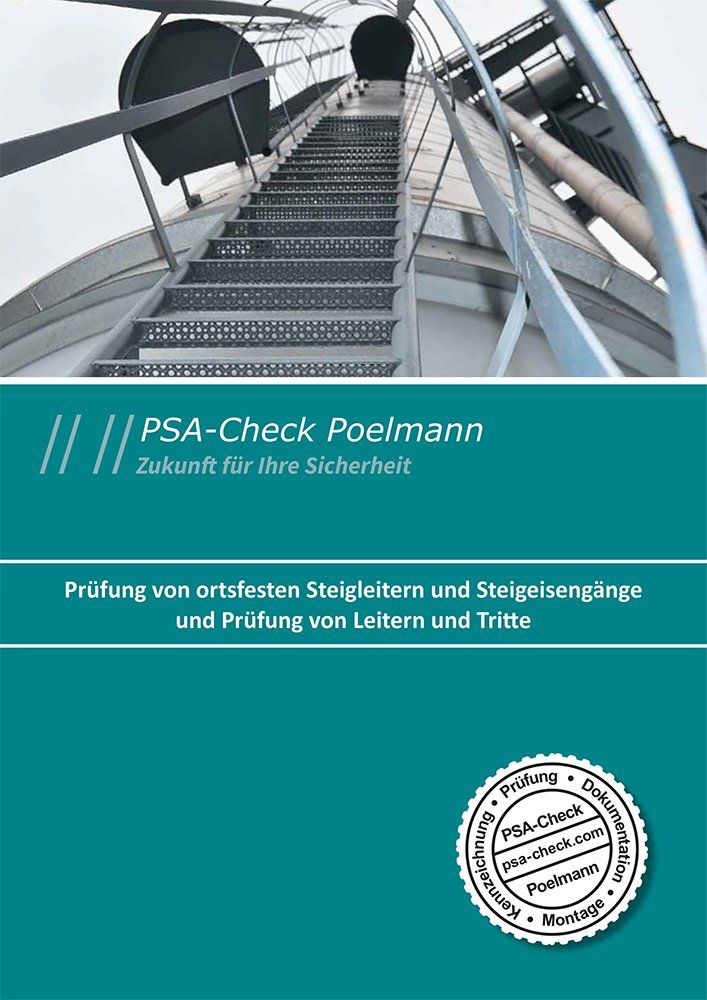 Broschüre PSA-Check Poelmann Prüfung von ortsfesten Steigleitern und Steigeisengänge und Prüfung von Leitern u. Tritte