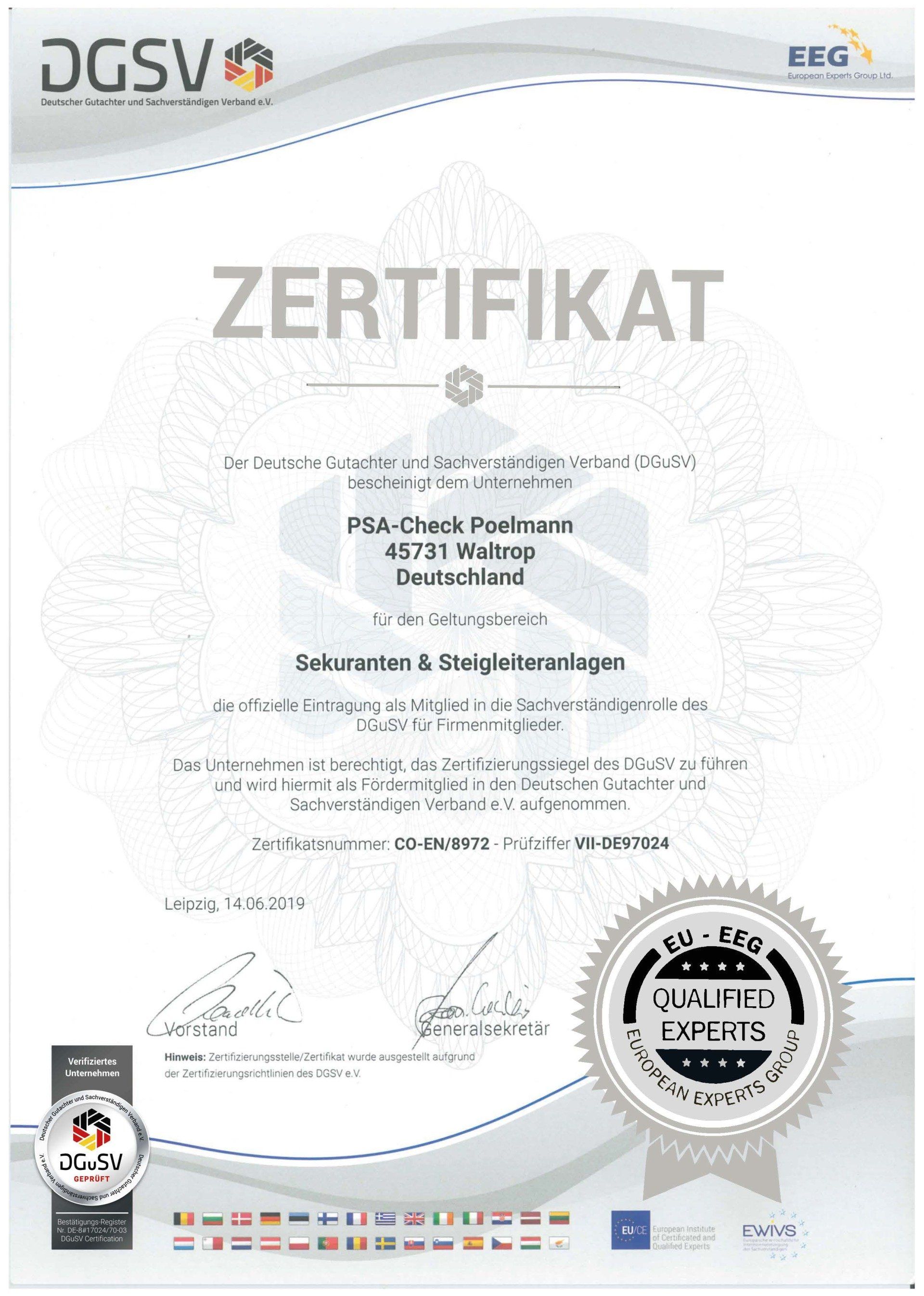 Zertifikat PSA Check Poelmann - Zertifiziertes Unternehmen Prüfung von Sekuranten und Steigleiteranlagen Zertifikat Prüfung Sekuranten und Anschlagpunkte PSA Check Poelmann