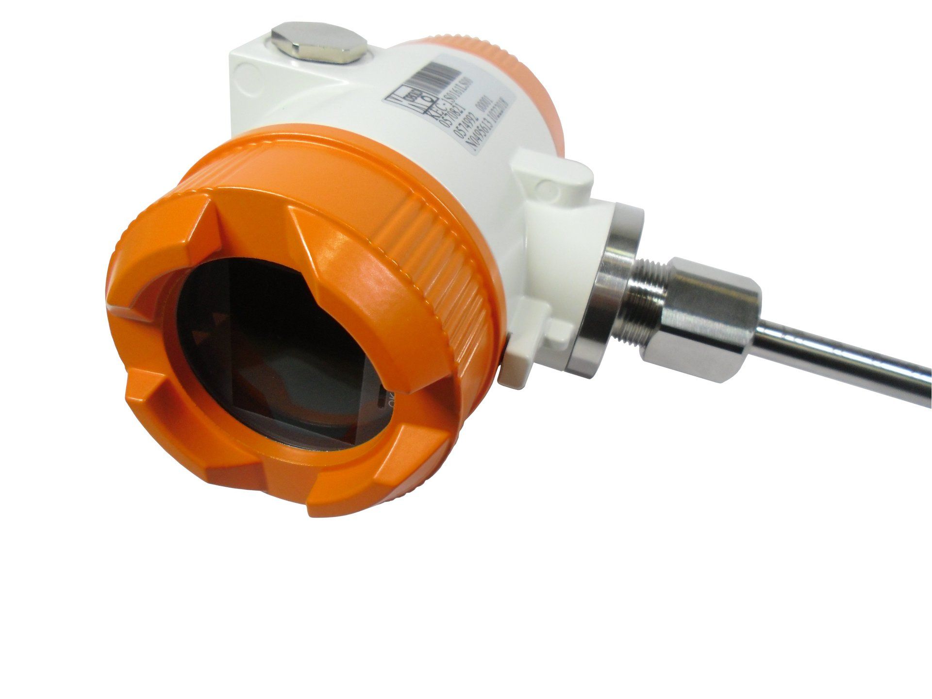 Caudalímetro térmico de inserción con carcasa naranja y cuerpo metálico.