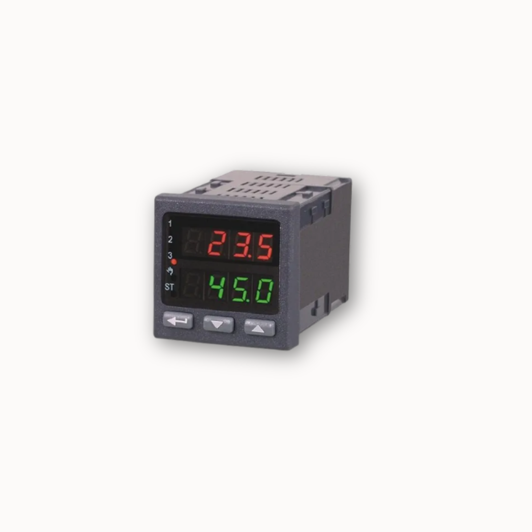 Controlador ISB-RE72 con doble pantalla LED para visualización de valor real y consigna, incluye rampas y autoajuste.