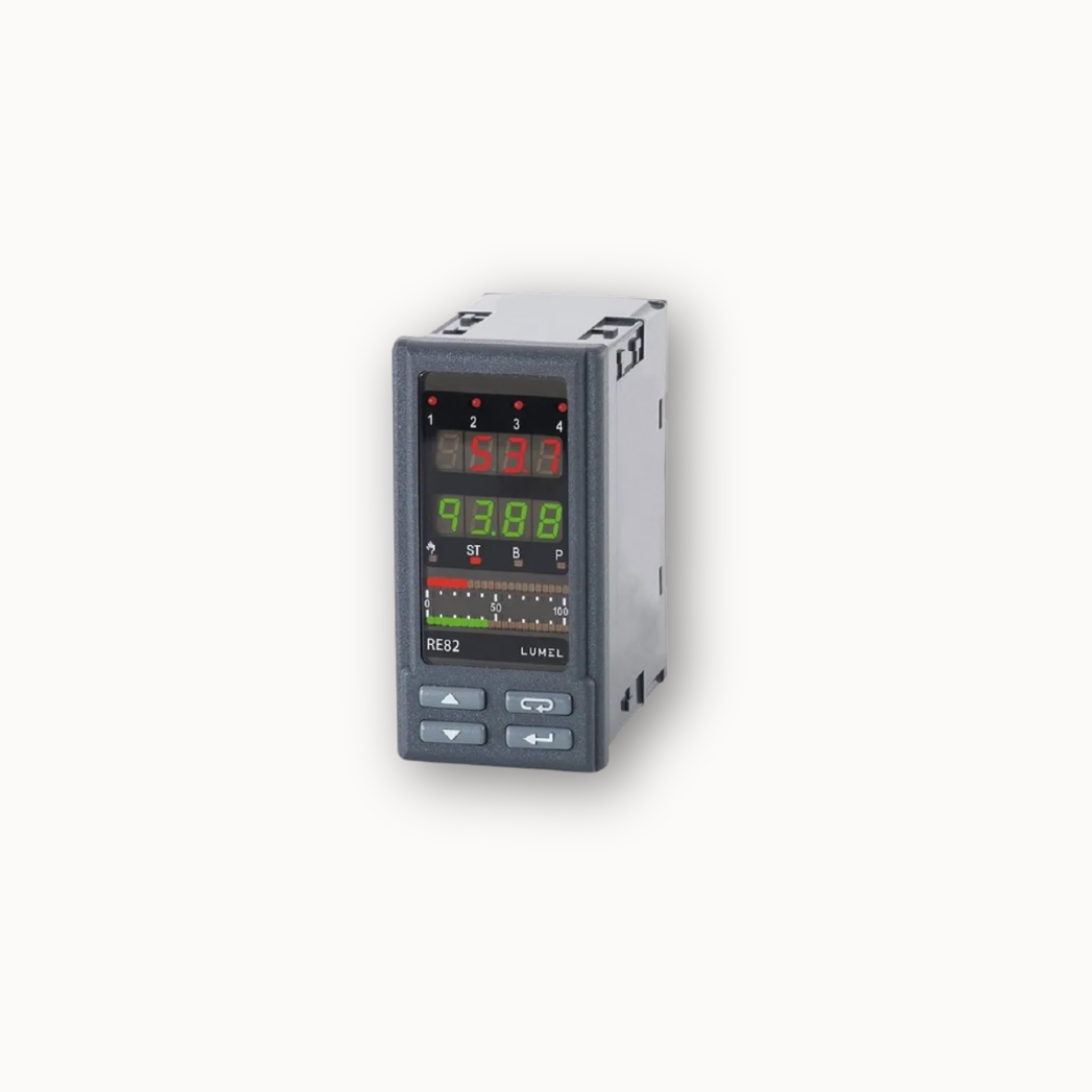 Controlador vertical ISB-RE82 con display LED tricolor, indicadores gráficos y alarmas visuales para control de temperatura.