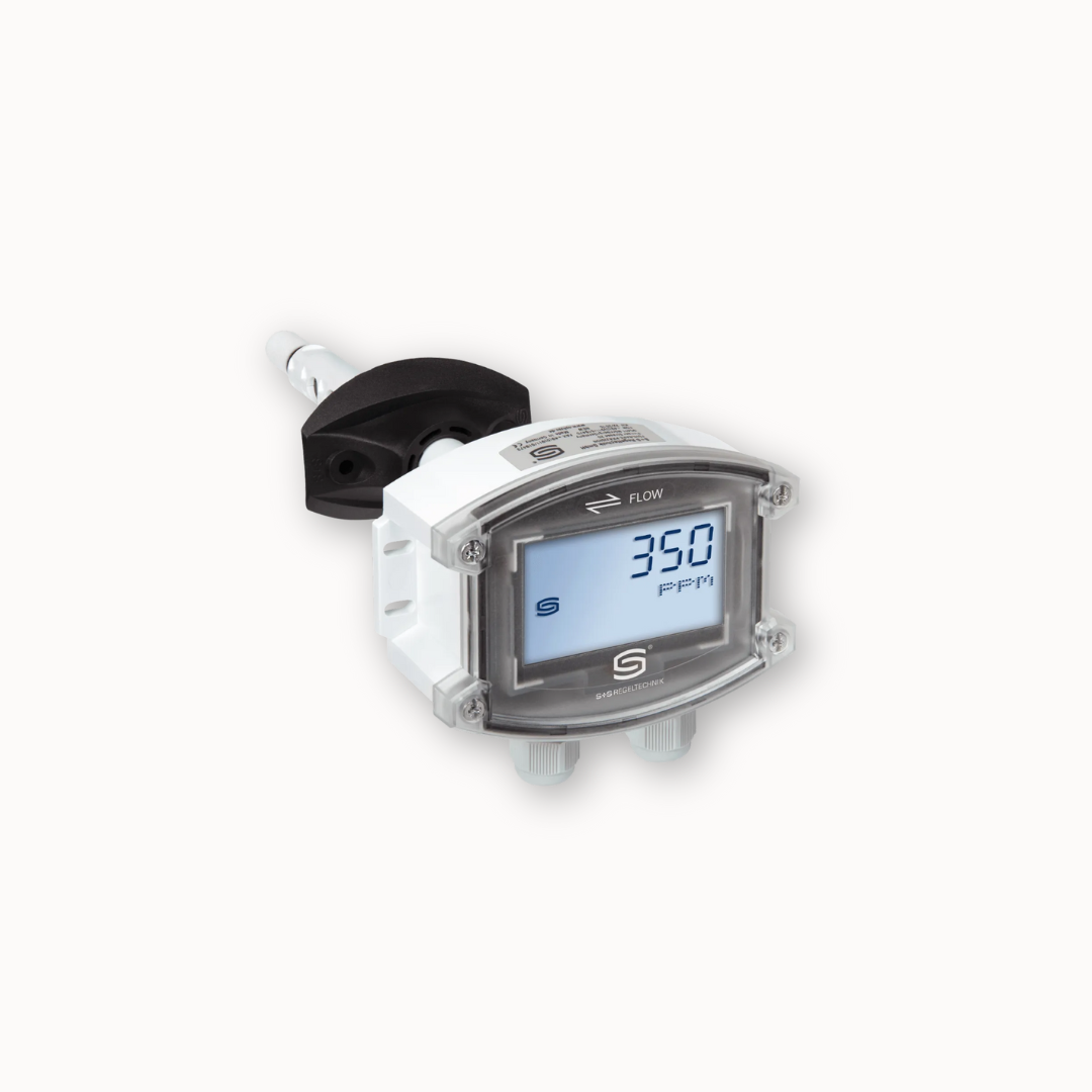 Sensor de conducto KCO2 con pantalla digital para lectura directa de CO₂ en sistemas HVAC y edificios con ventilación forzada.