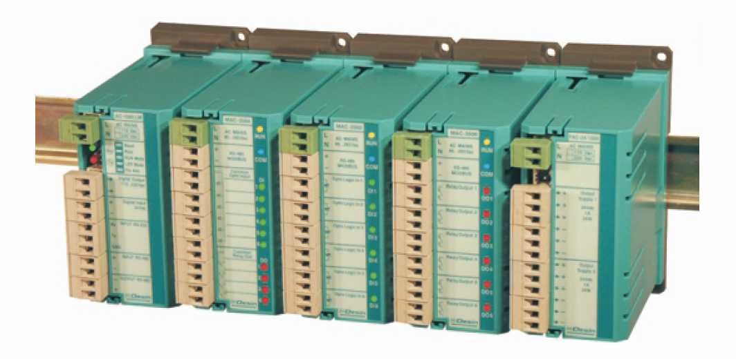 Conjunto de módulos MAC 3500 en formato DIN rail, diseñados para adquisición de datos sin pantalla.