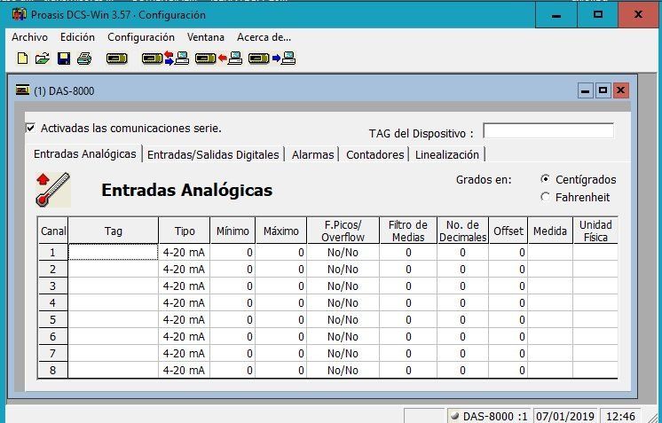 Captura de pantalla del software Loopwin con interfaz de programación de entradas analógicas.