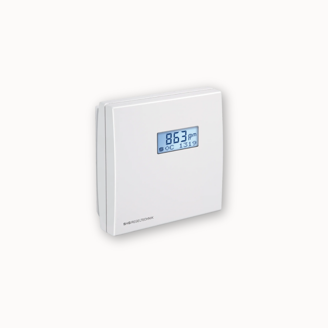 Sensor mural de CO₂ RCO2 W LCD con pantalla retroiluminada que muestra niveles de CO₂ y temperatura en tiempo real.