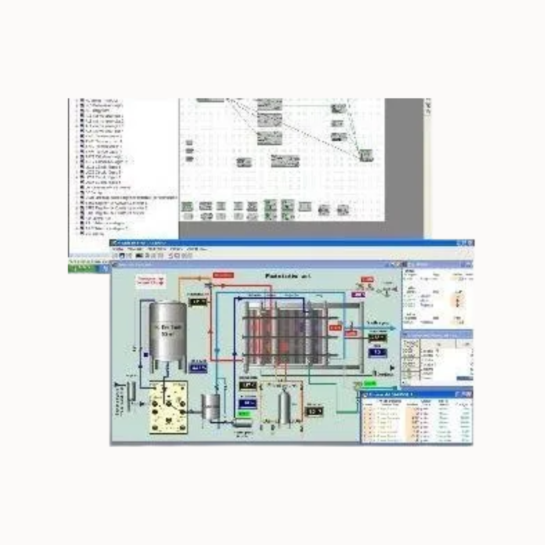 Interfaz gráfica del sistema SCADA Proasis DCS WIN con mapas de planta y variables de proceso.
