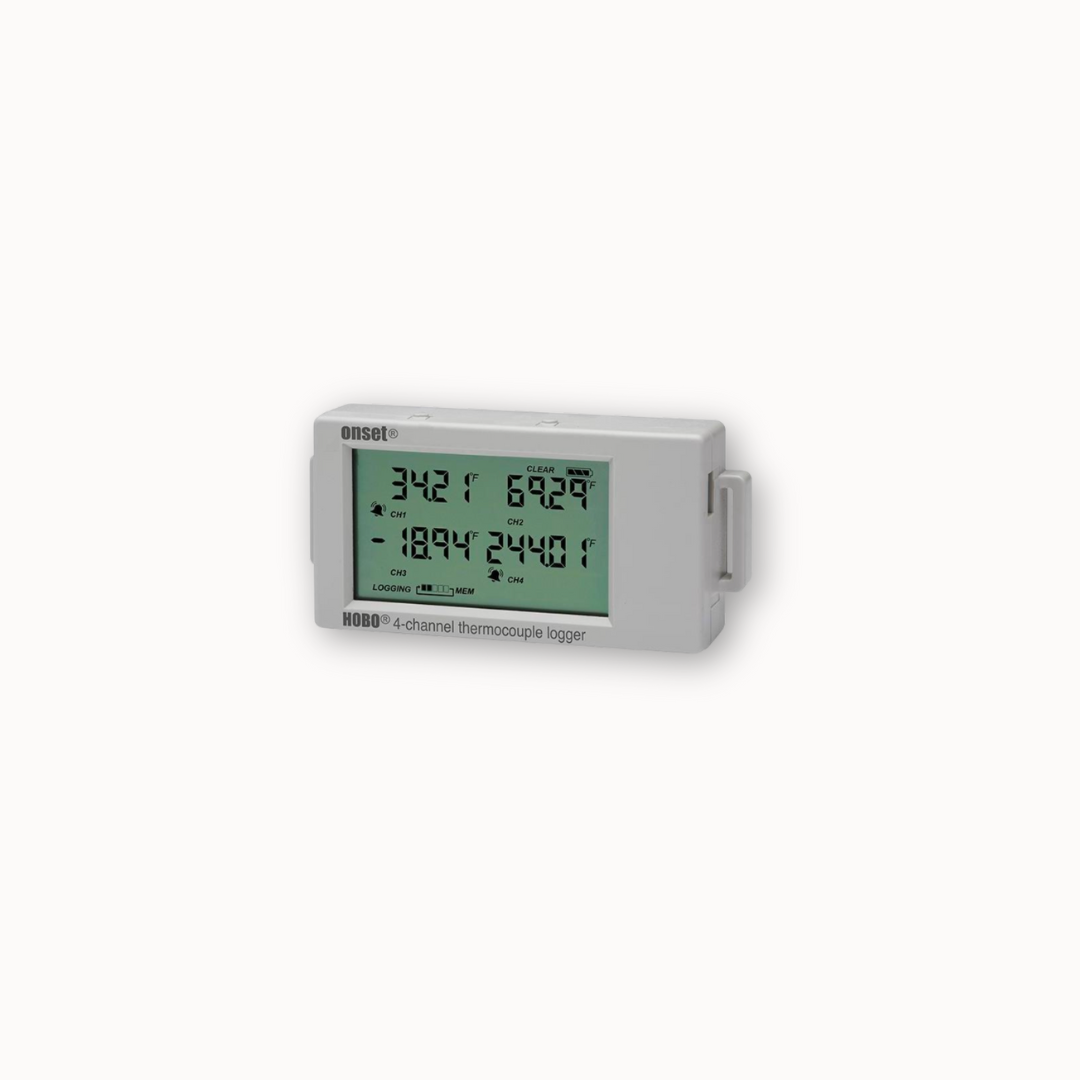 Datalogger UX 120-014M con 4 canales para sensores externos de temperatura y pantalla LCD.