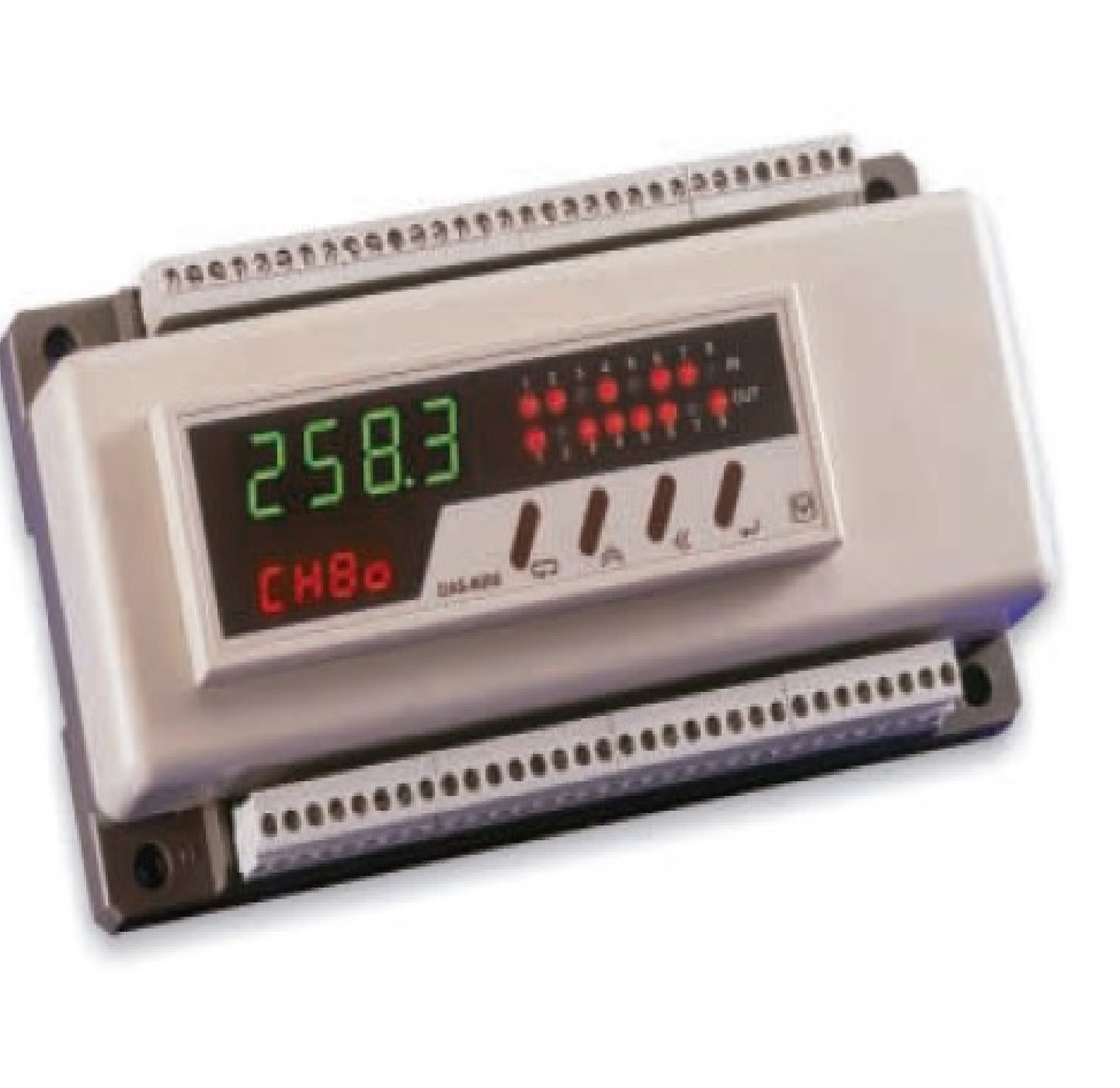 Módulo de adquisición de datos DAS-8000 con pantalla LED integrada y múltiples conexiones de entrada.