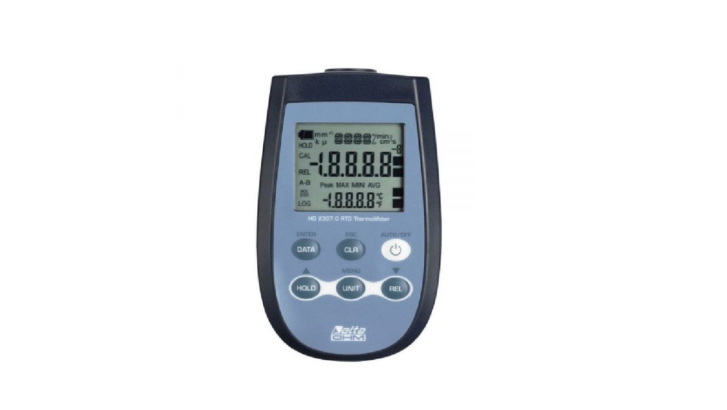 Equipo portátil de medición de temperatura HD-2307 con pantalla LCD y botones frontales.
