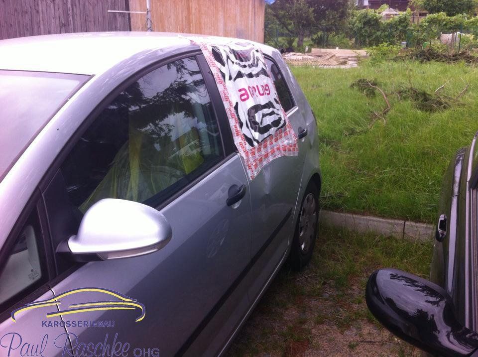 Sturmschaden an einem silbernen Auto