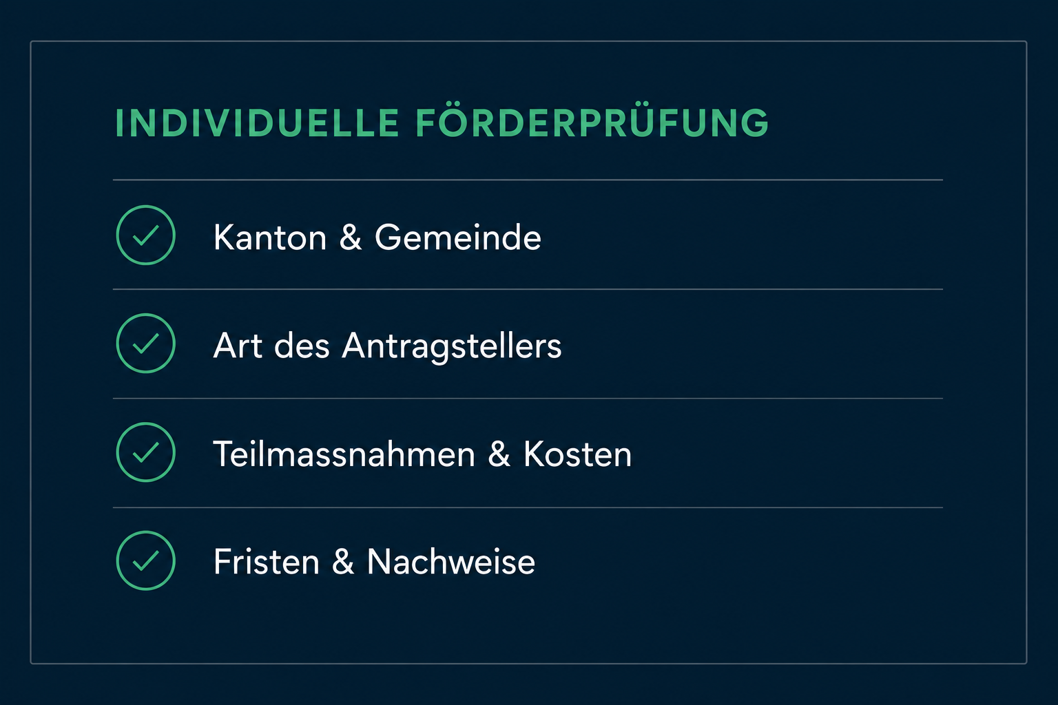 Individuelle Förderprüfung: Kanton und Gemeinde, Art des Antragstellers, Teilmassnahmen und Kosten sowie Fristen und Nachweise