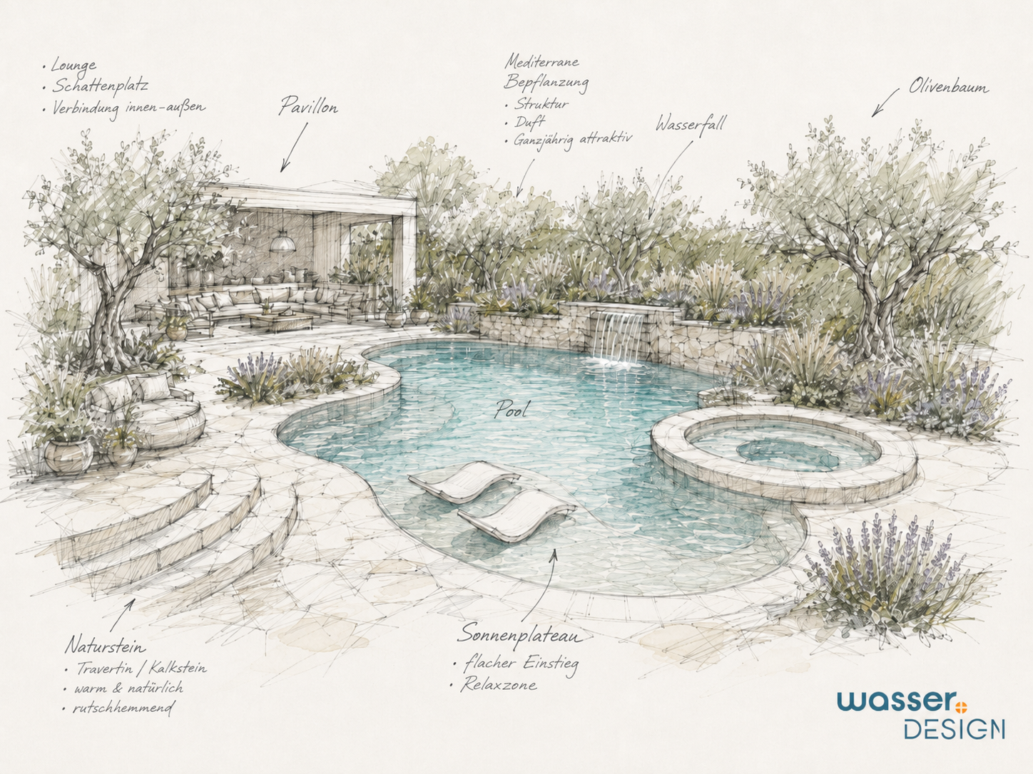 Individuelle Poolarchitektur von wasser.design: mediterraner Freiformpool als einzigartige private Wasserwelt.