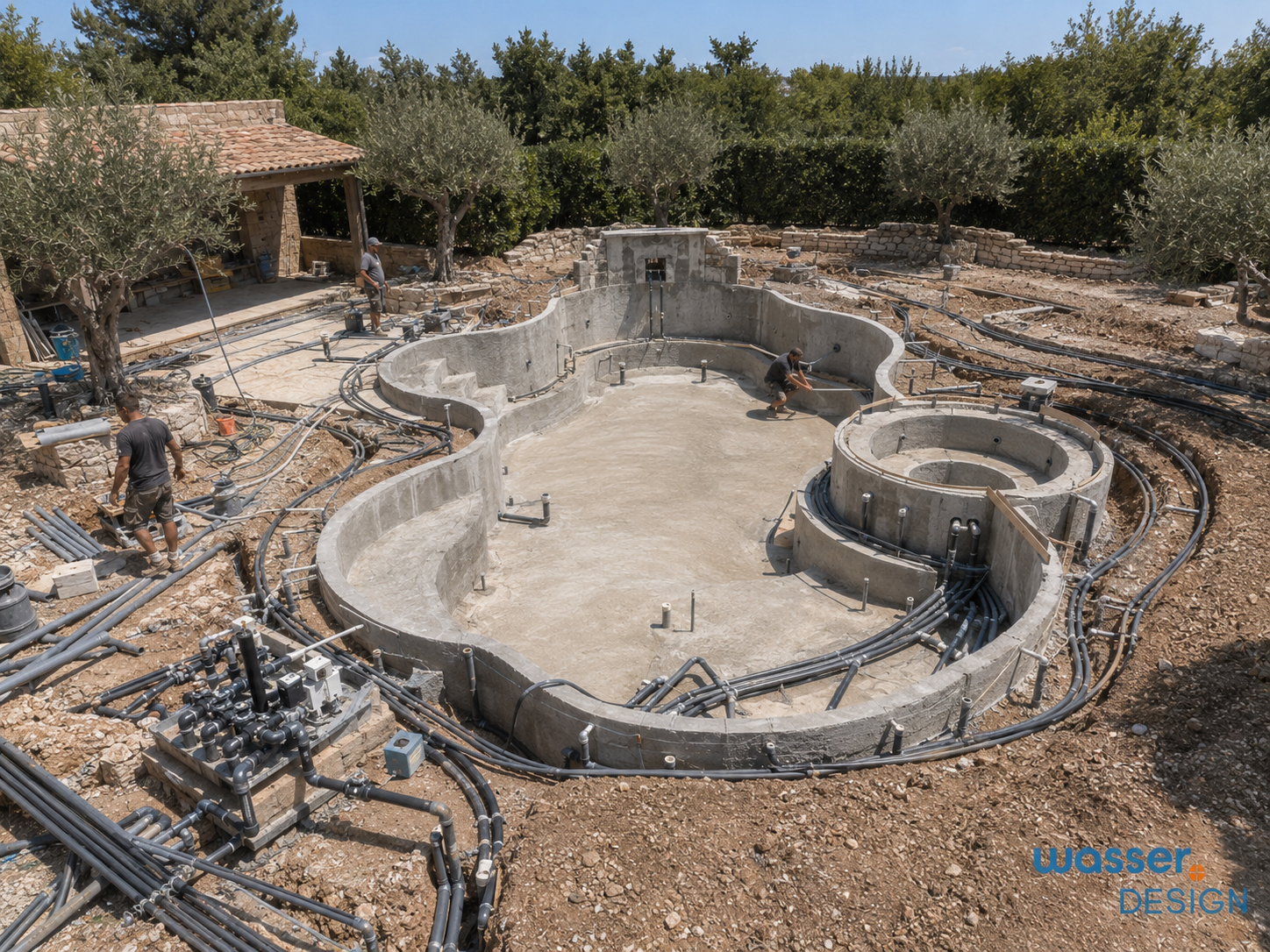Individuell geplanter Freiformpool im mediterranen Garten mit organischen Linien und hochwertiger Poolgestaltung.