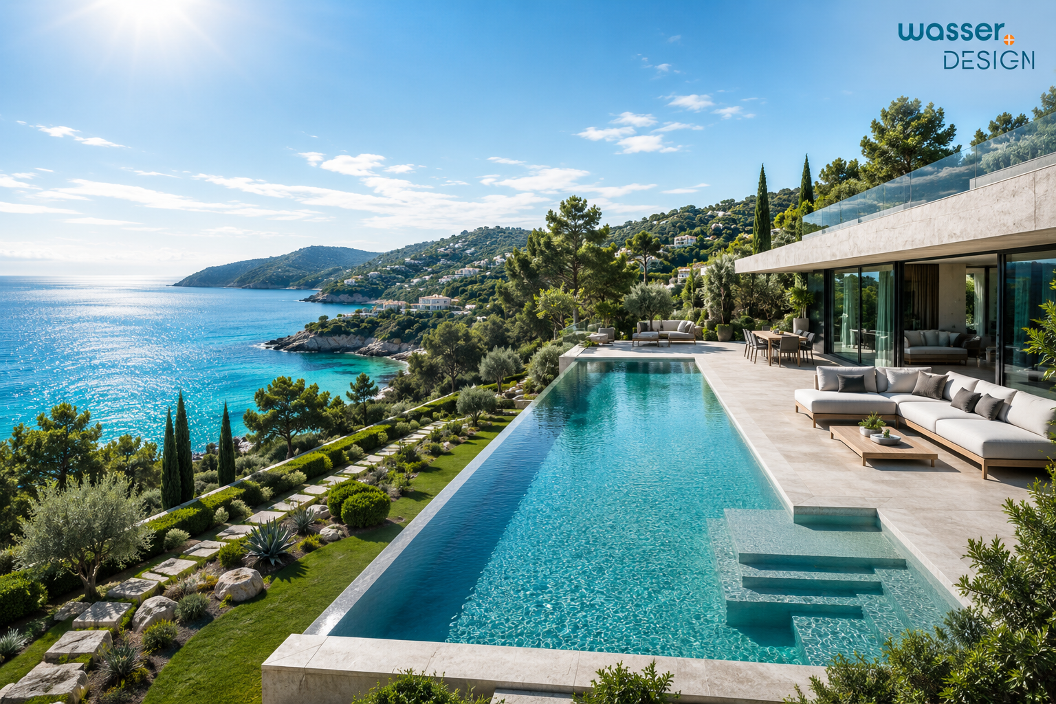 Exklusiver Infinity Pool, Underfloor Poolcover, eleganter Lounge- Terrasse, moderner Villa - Poolsystem von wasser.design