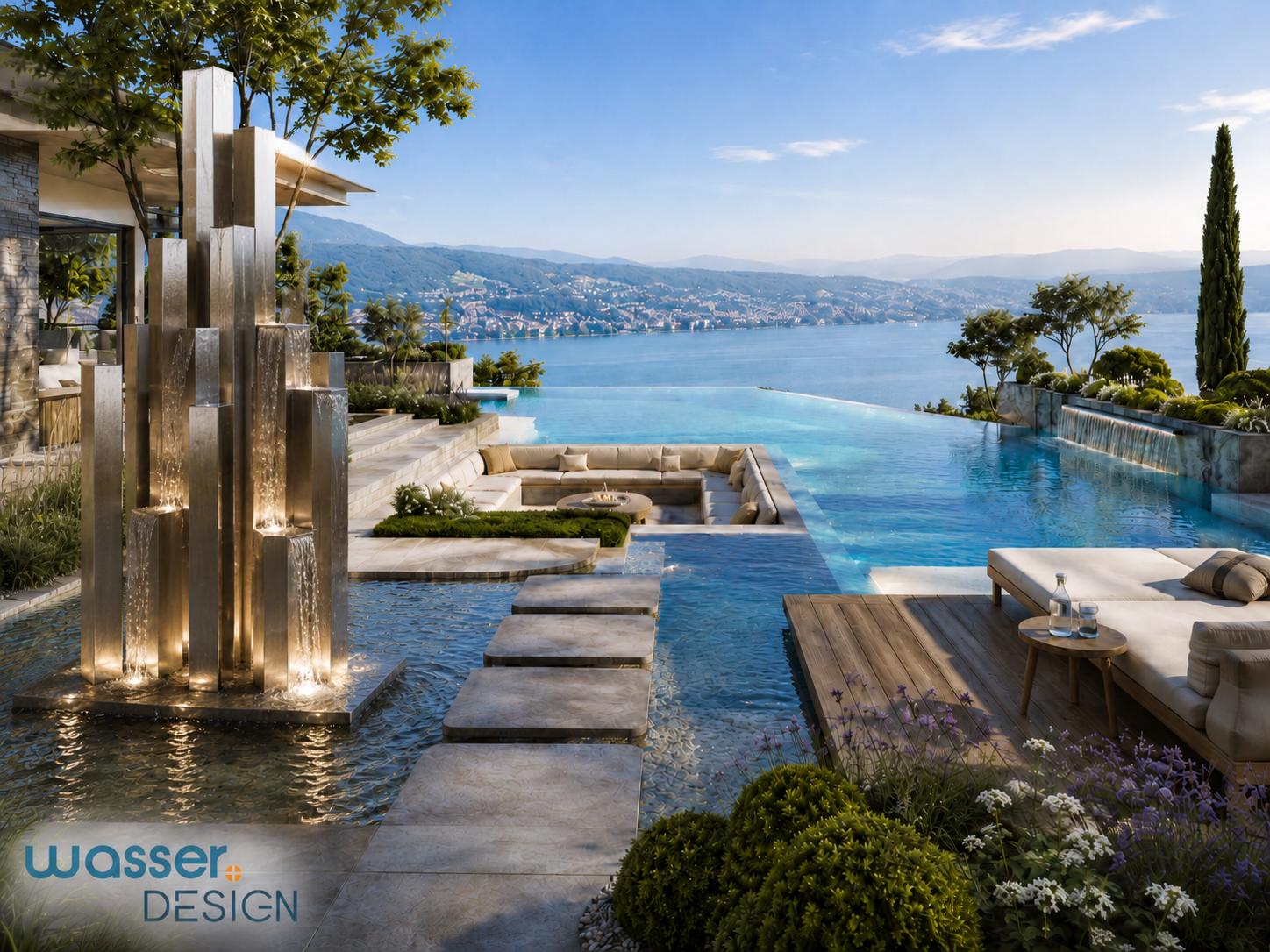Poollandschaft inkl. Sitzlounge und Designer 1-of-1 Wasserskulptur aus Edelstahl next to Zürich Rendering