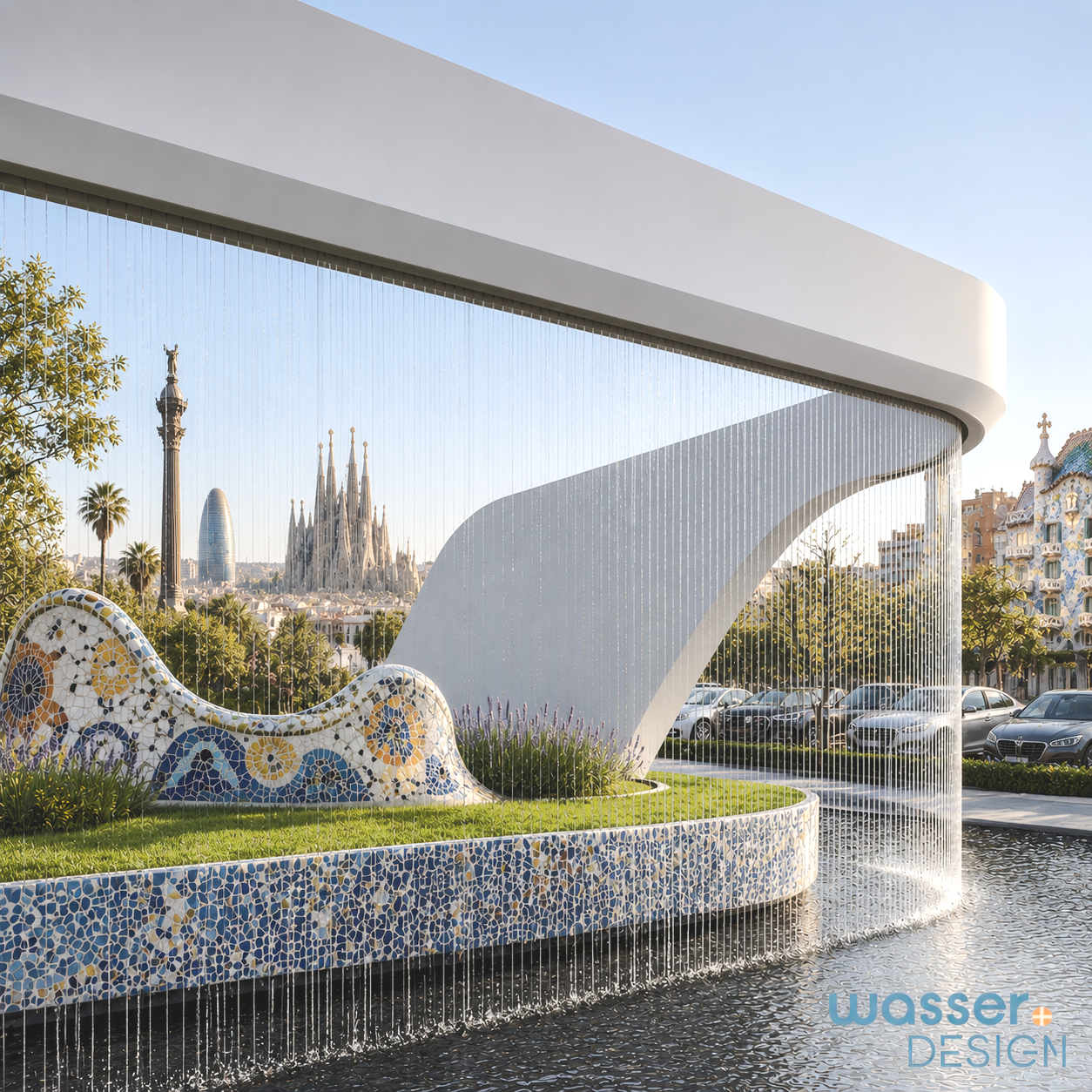 3D Entwurf einer moderne Wasserskulptur mit umlaufendem Regenvorhang vor der Skyline von Barcelona mit Sagrada Família.