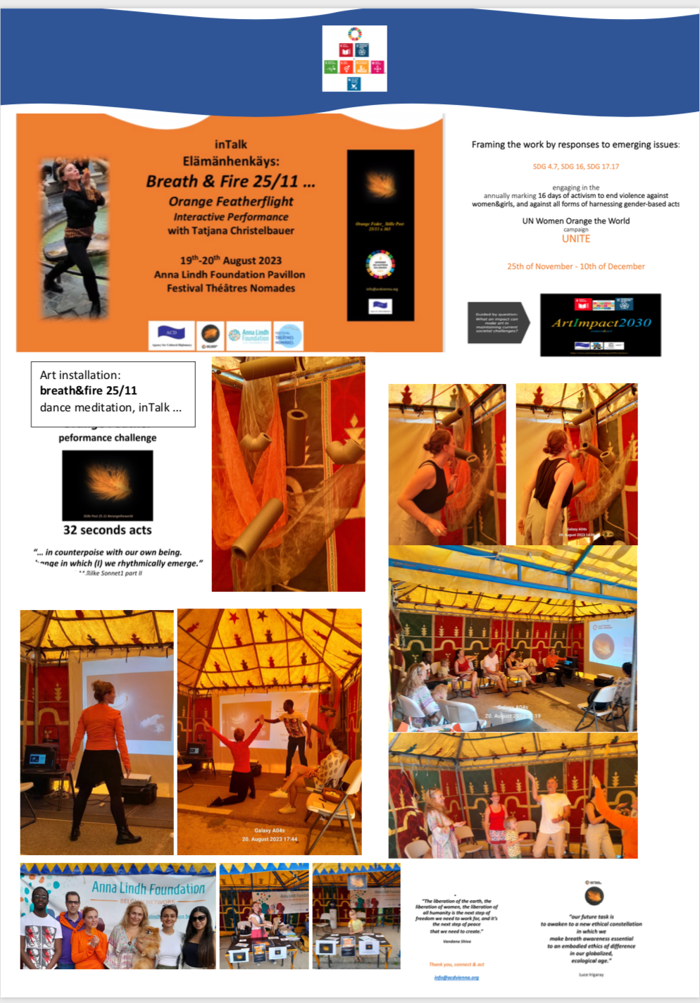 Orange Feather: 32 acts breath & fire  space installation Brussels, hosted by Anna Lindh Foundation