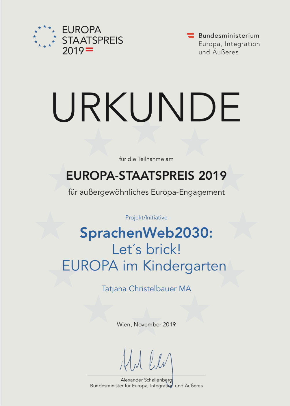 EUROPE state award certificate for outstanding engagement 2019, EUROPE in kindergarden. SprachenWeb2030 Let´s brick! Lower Austria, Europe direct, European Day of language, European Cultural diplomacy