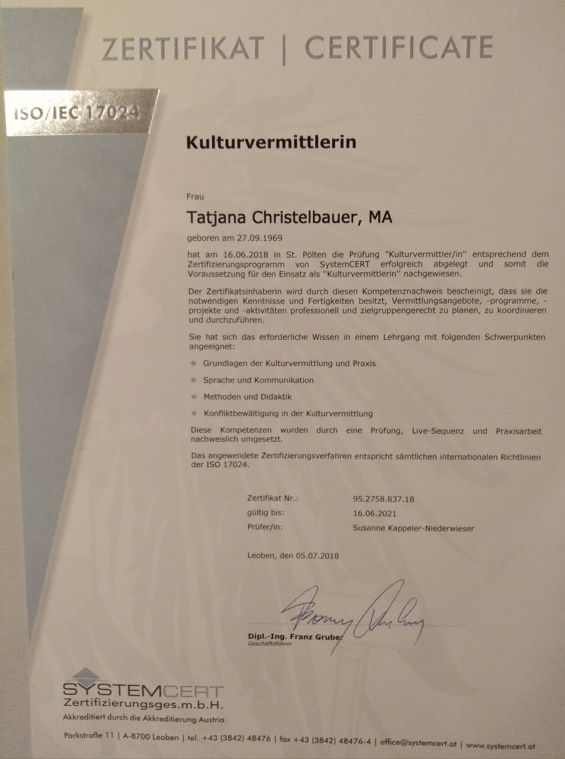 Kulturvermittlung Zertifikat Tatjana Christelbauer