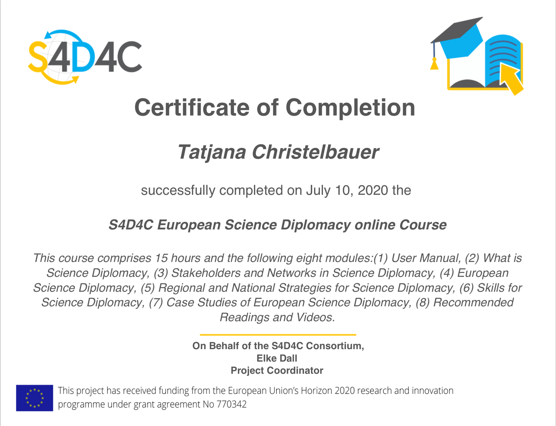 Science for Diplomacy course certificate Tatjana Christelbauer Science for Diplomacy certificate Tatjana Christelbauer