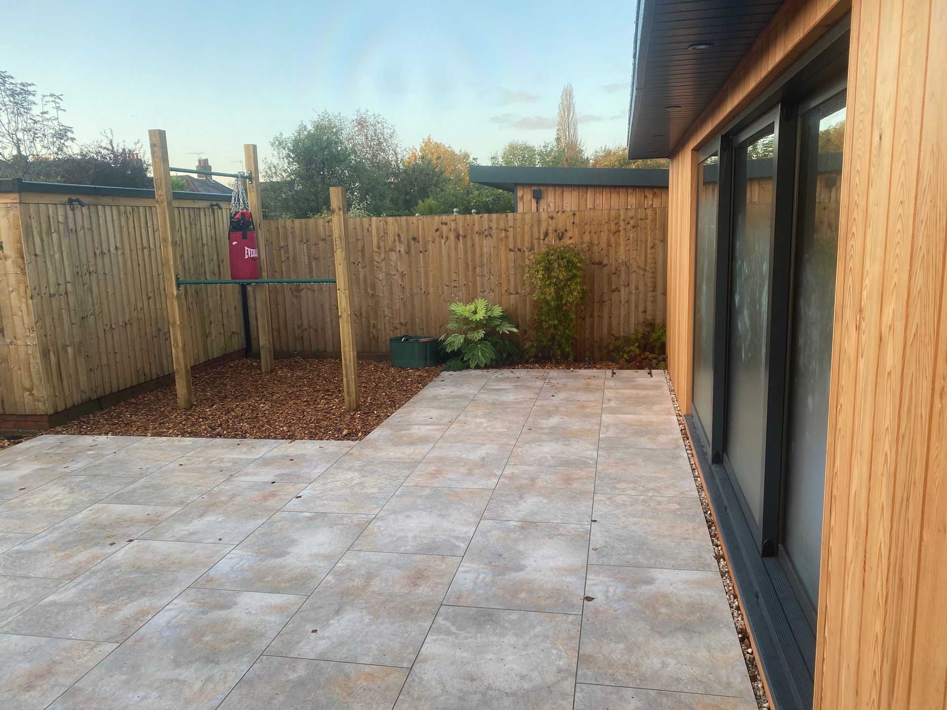 Paved patio areas and exercise area in Wimborne, Dorset