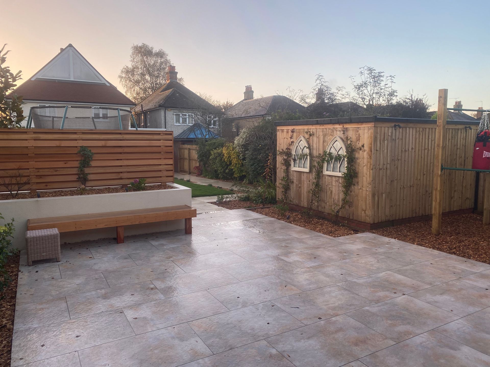 Paved garden entertainment area in Wimborne, Dorset