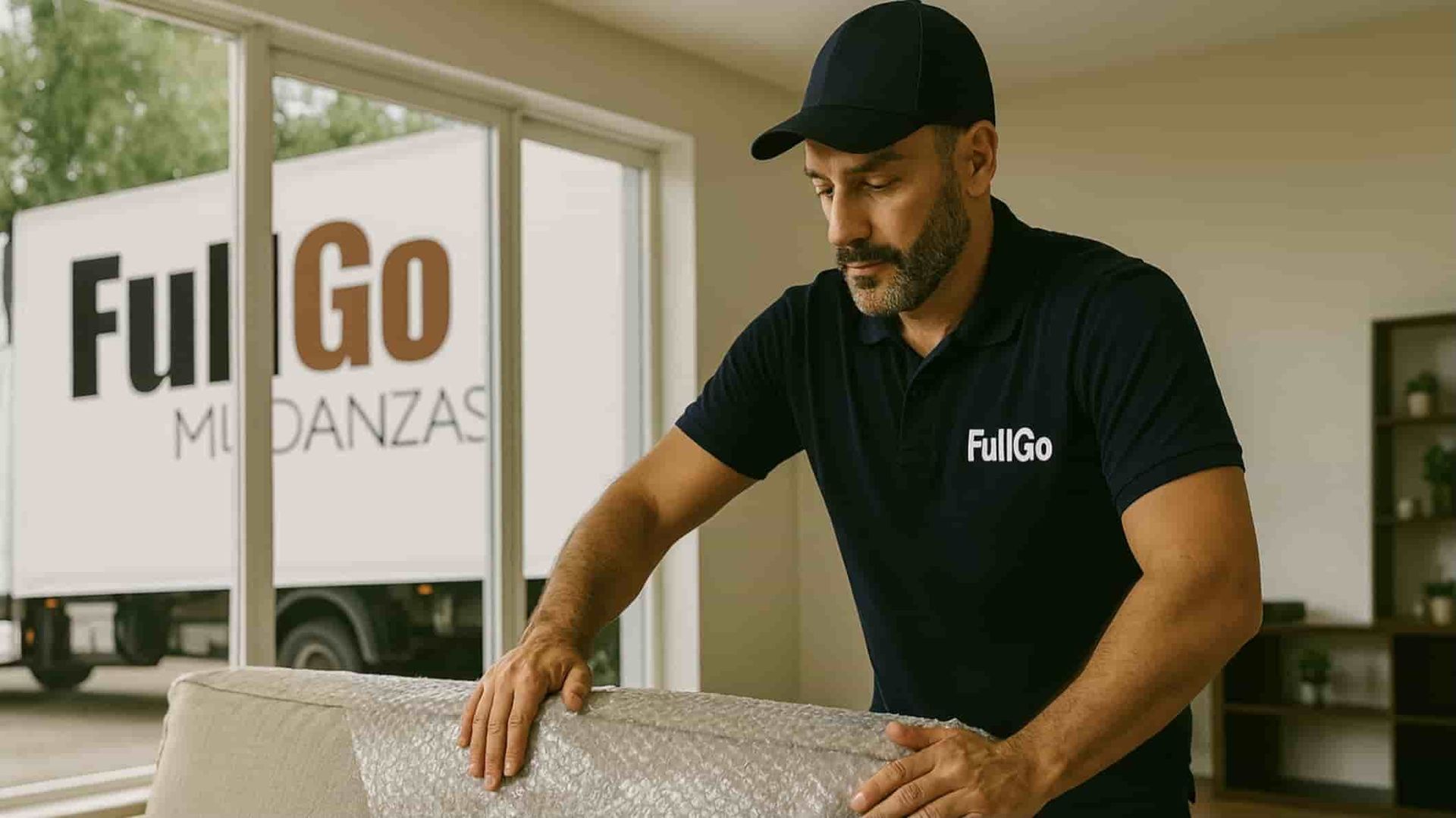 Operario especializado de FullGo Mudanzas realizando un embalaje técnico profesional.