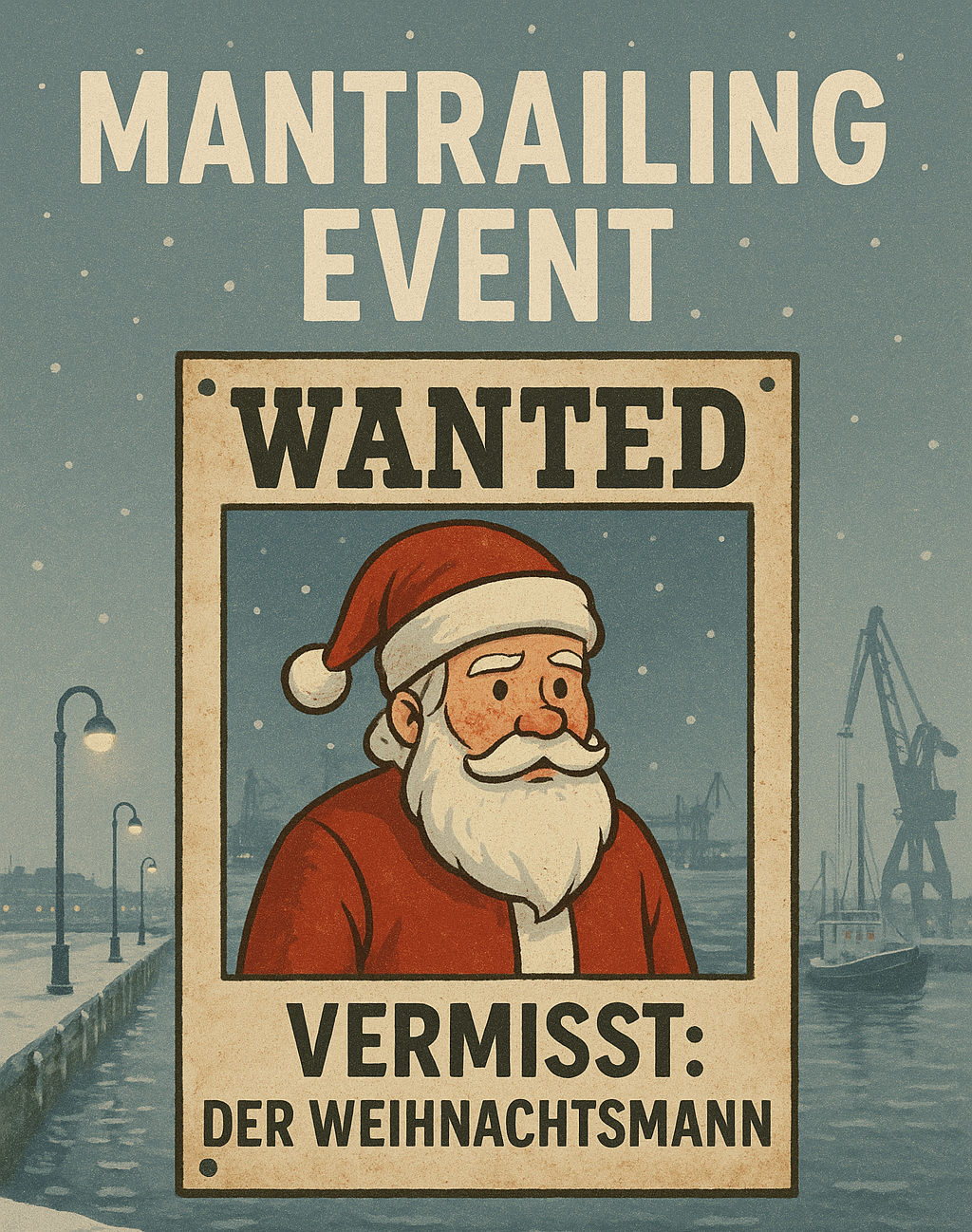 verschneiter Hafen mit einem Plakat: Wanted: Vermisst: der Weihnachtsmann