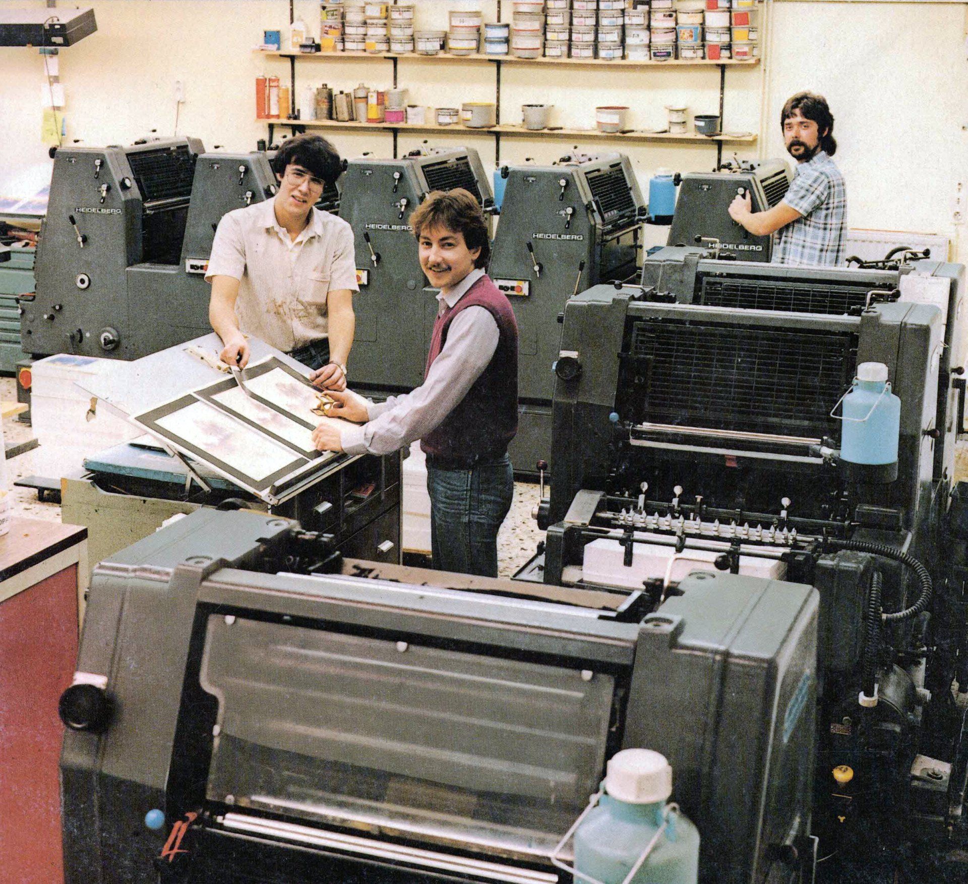 Thoma Druck 1985, Dreieich-Götzenhain, Bleiswijker Straße. Ein Blick in die damalige Druckerei.