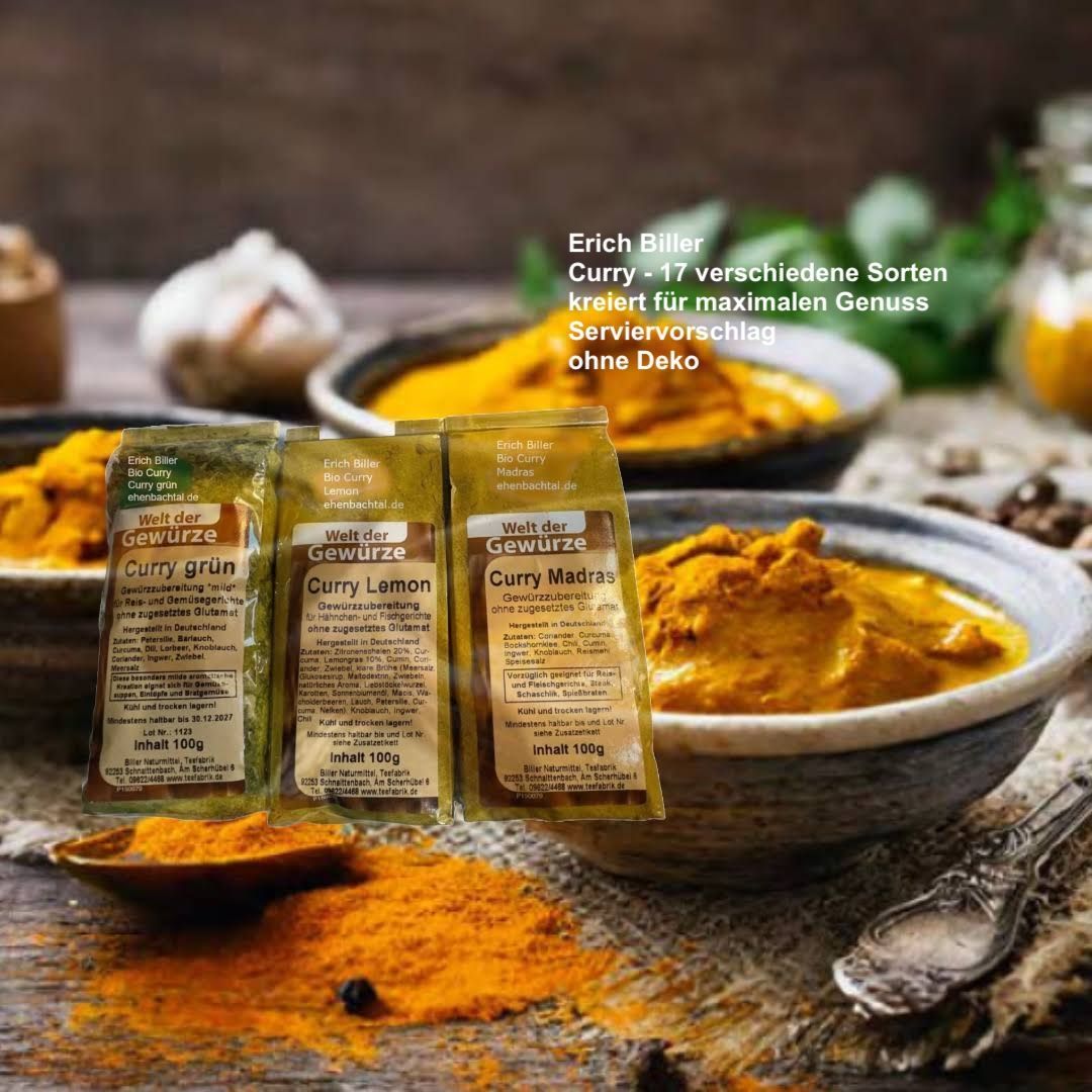 Erich Biller Bio Curry Gewürzmischungen Serviervorschlag Auswahl, Baharat