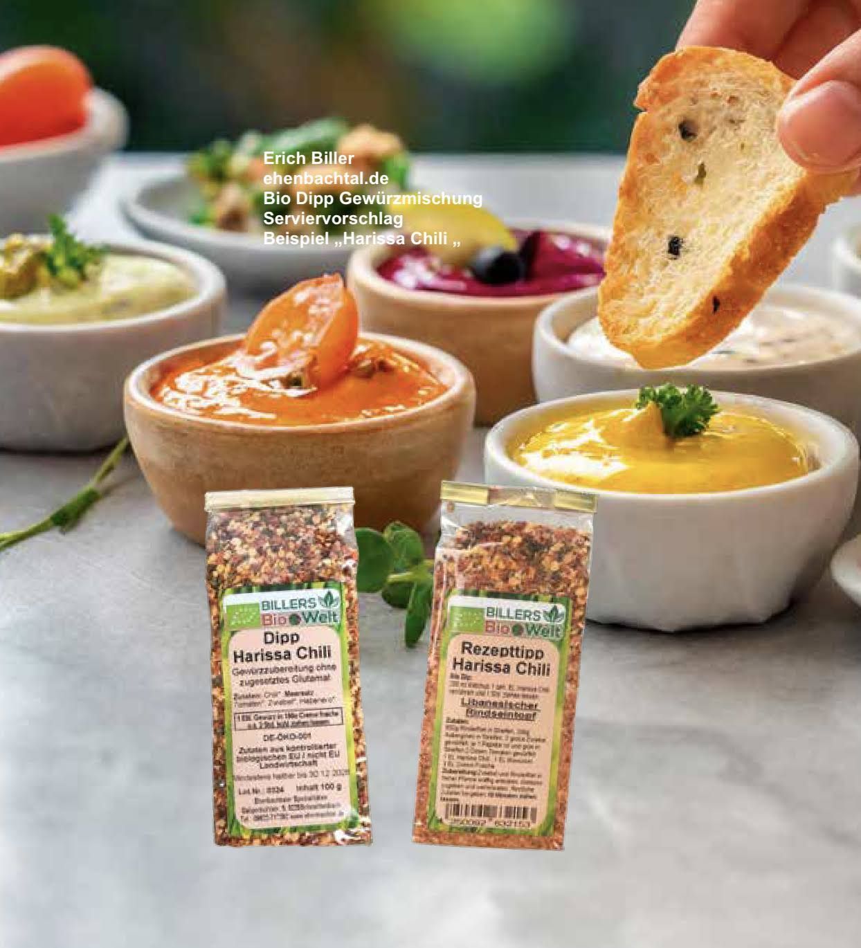 Erich Biller Bio Dipp Serviervorschlag Gewürzmischung Knoblauch Chili