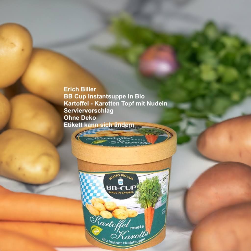 Erich Biller, ehenbachtal.de, BB Cup, Kartoffel Karotten Topf, Erich Biller, ehenbachtal.de, BBCup, Instantsuppe, Kartoffel Karotten Topf, Magenrebell, Pasta Avanti, Öl, Pfannenbrote, Pfannkuchen, Gemüserefrom, Gewürzmischung, Dipp, Sirup
