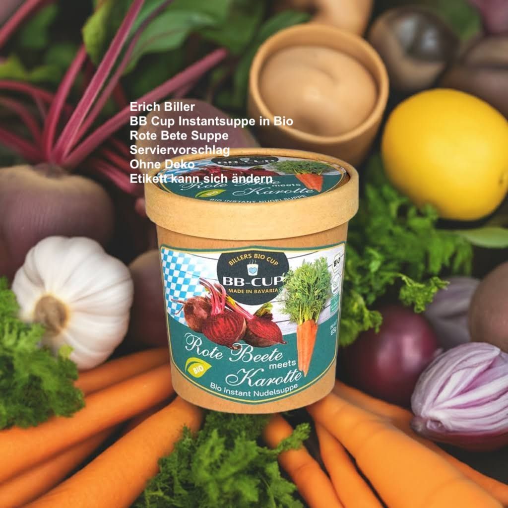 Erich Biller, ehenbachtal.de, BB Cup, Rote Bete Suppe, Bio Erich Biller, ehenbachtal.de, BBCup, Instantsuppe Rote Bete Suppe, Bio, Gewürzmischung, Gemüsereform, Curry, Dipp, Sirup, Magenrebell, Pasta Avanti, Öl, Pfannenbrote, Pfannkuchen