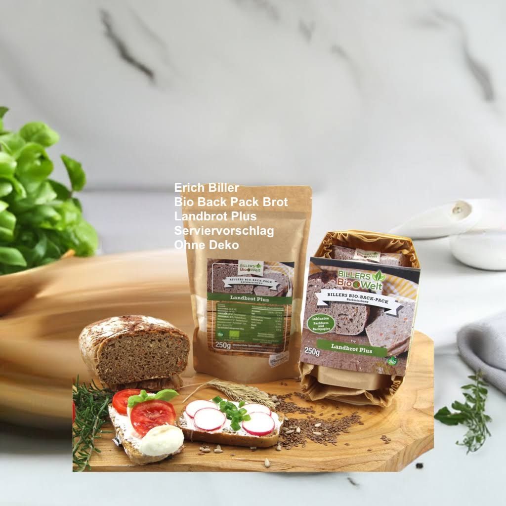 Erich Biller Serviervorschlag Bio Back Pack Brot Brotbackmischung mit Backform Landbrot Plus