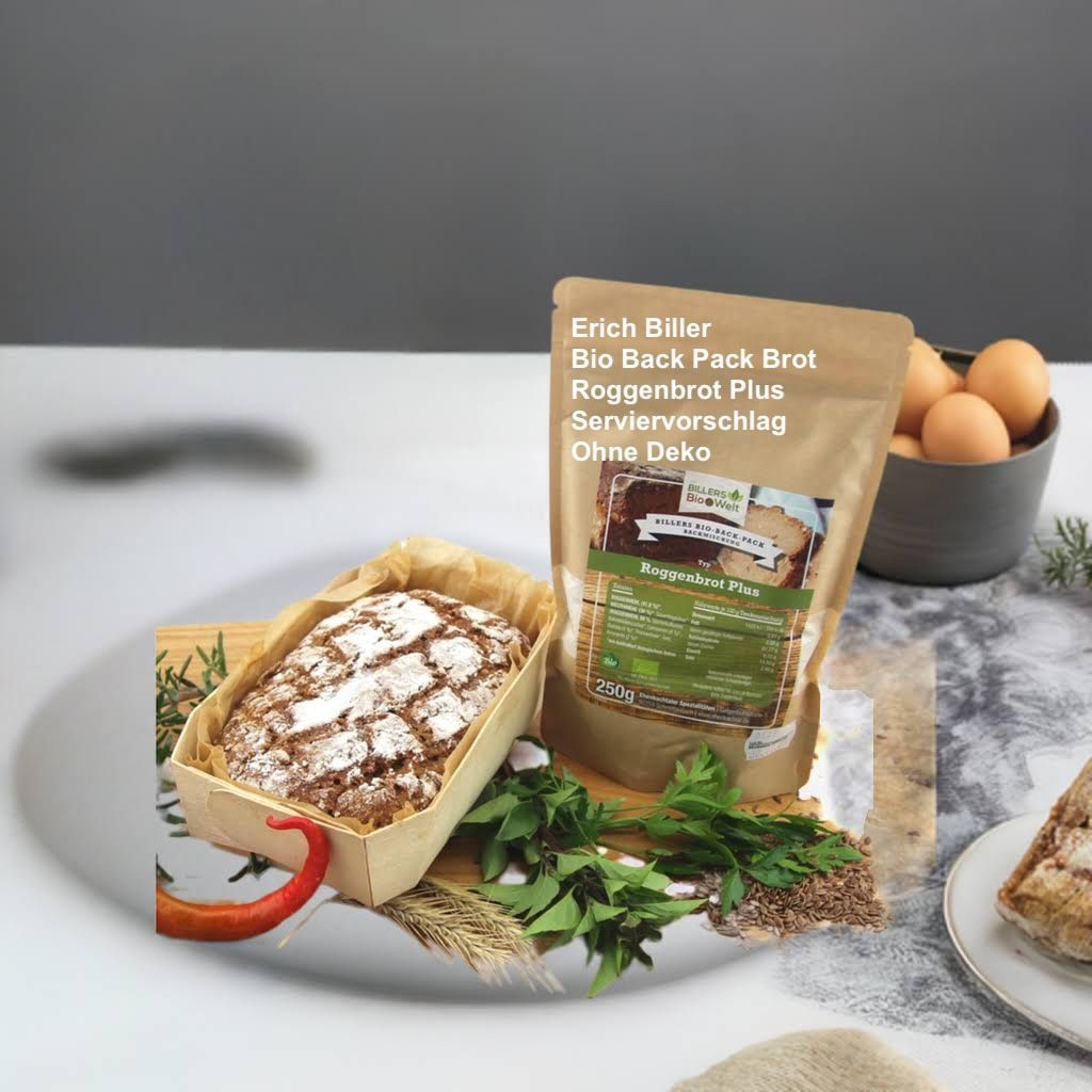 Erich Biller Serviervorschlag Bio Back Pack Brot Brotbackmischung mit Backform Roggenbrot Plus