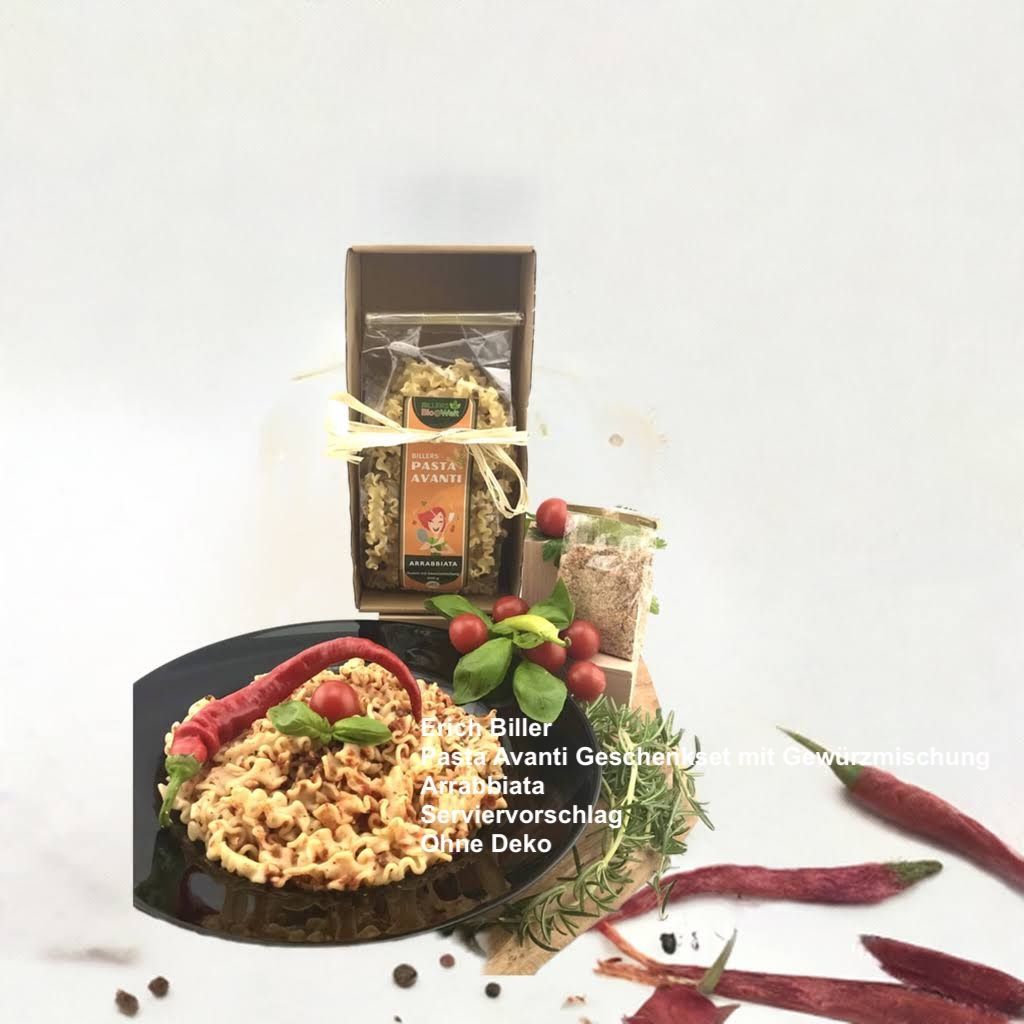 Erich Biller Serviervorschlag Bio Pasta Avanti Geschenkset mit exklusiver Gewürzmischung Arrabbiata
