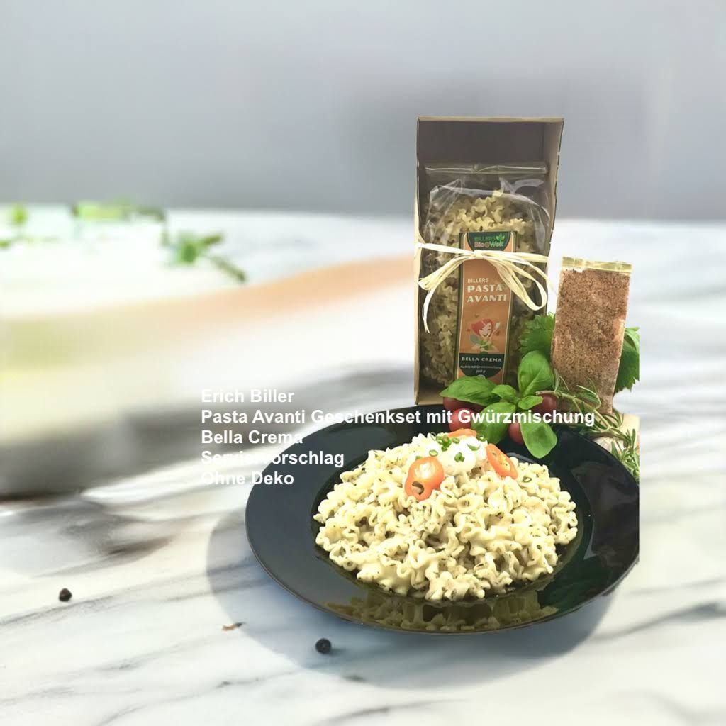 Erich Biller, ehenbachtal.de, Pasta Avanti Geschenkset mit Gewürzmischung, Bella Crema Erich Biller, ehenbachtal.de, Bio, Pasta Avanti, Nudel Fertig Gericht, Geschenkset Gewürzmischung, Bella Crema, Bio, Dipp, BB Cup, Sirup, Curry, Magenrebell, Gemüsereform, Pfannenbrot, Pfannkuchen, Öl,