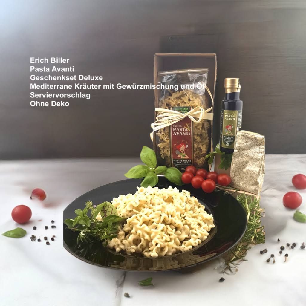 Erich Biller, ehenbachtal.de, Bio, Pasta Avanti, Nudel Fertig Gericht, Geschenkset Gewürzmischung Öl, Mediterrane Kräuter, Bio Erich Biller, ehenbachtal.de, Bio, Pasta Avanti, Nudel Fertig Gericht, Geschenkset Gewürzmischung Öl, Mediterrane Kräuter, Bio, Dipp, BB Cup, Sirup, Curry, Magenrebell, Gemüsereform, Pfannenbrot, Pfannkuchen, Öl,