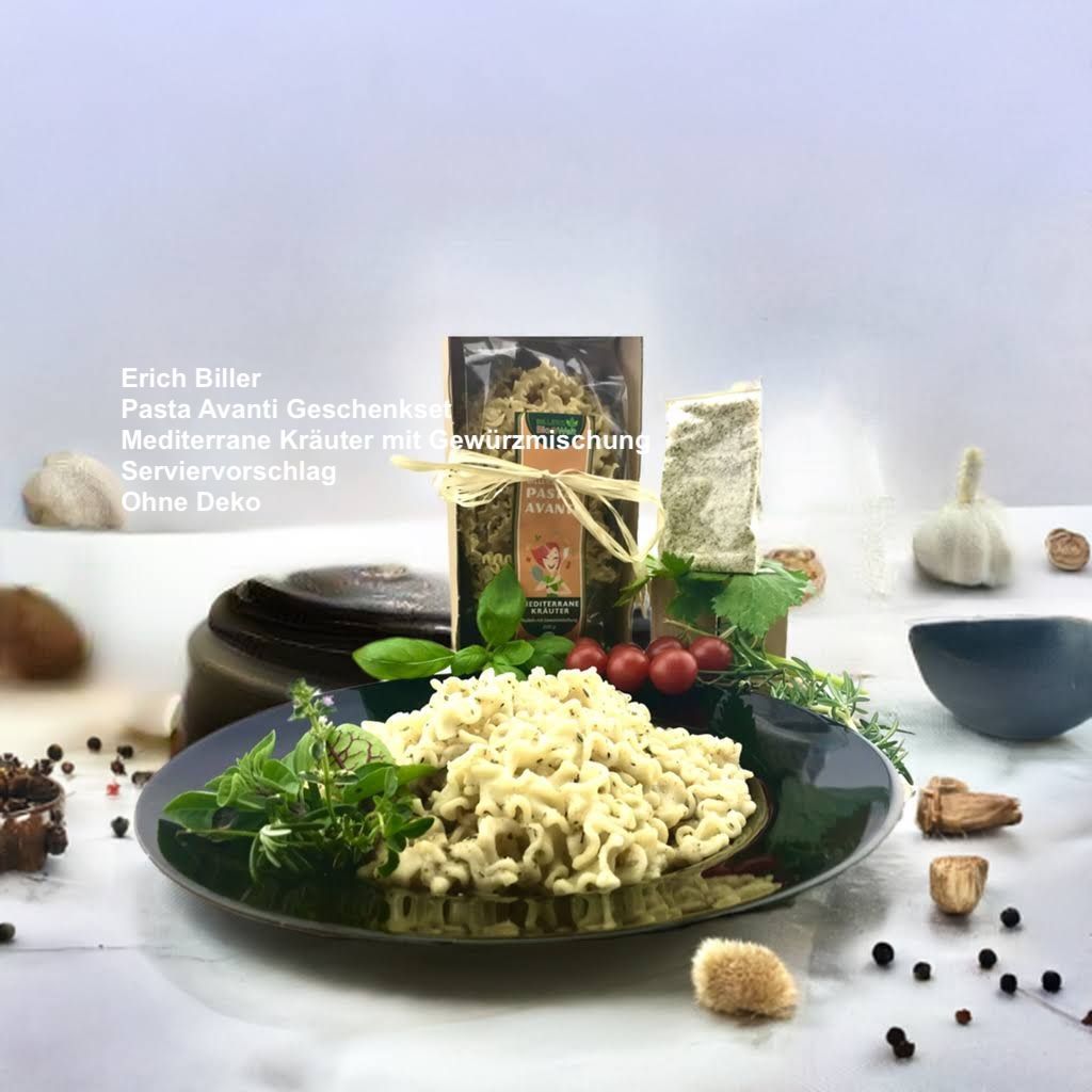 Erich Biller, ehenbachtal.de, Pasta Avanti Geschenkset mit Gewürzmischung Erich Biller, ehenbachtal.de, Bio, Pasta Avanti, Tomate Basilikum, Magenrebell, Gemüsereform, Pfannenbrot, Pfannkuchen, Öl,