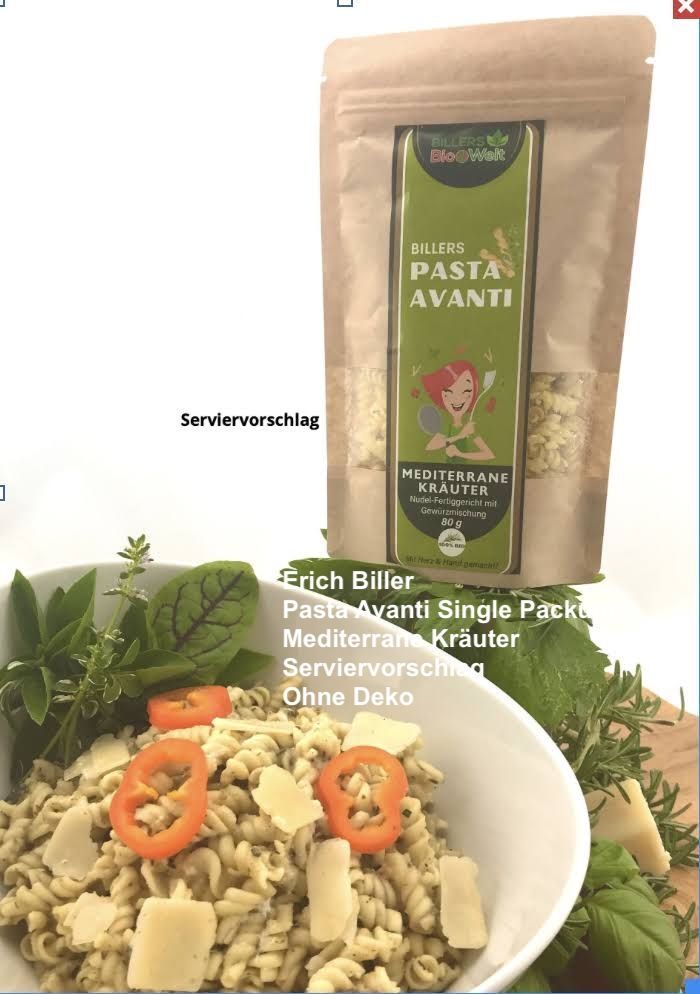 Erich Biller, ehenbachtal.de, Bio, Pasta Avanti, Nudel Fertig Gericht, Mediterrane Kräuter, Bio, Single Erich Biller, ehenbachtal.de, Bio, Pasta Avanti, Nudel Fertig Gericht, Mediterrane Kräuter, Bio, Single, Gemüsereform, Dipp, Gewürzmischung, Magenrebell, Gemüsereform, Pfannenbrot, Pfannkuchen, Öl