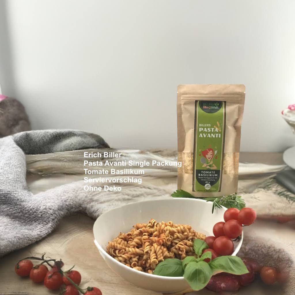 Erich Biller Serviervorschlag Bio Pasta Avanti Single Packung Tomate Basilikum