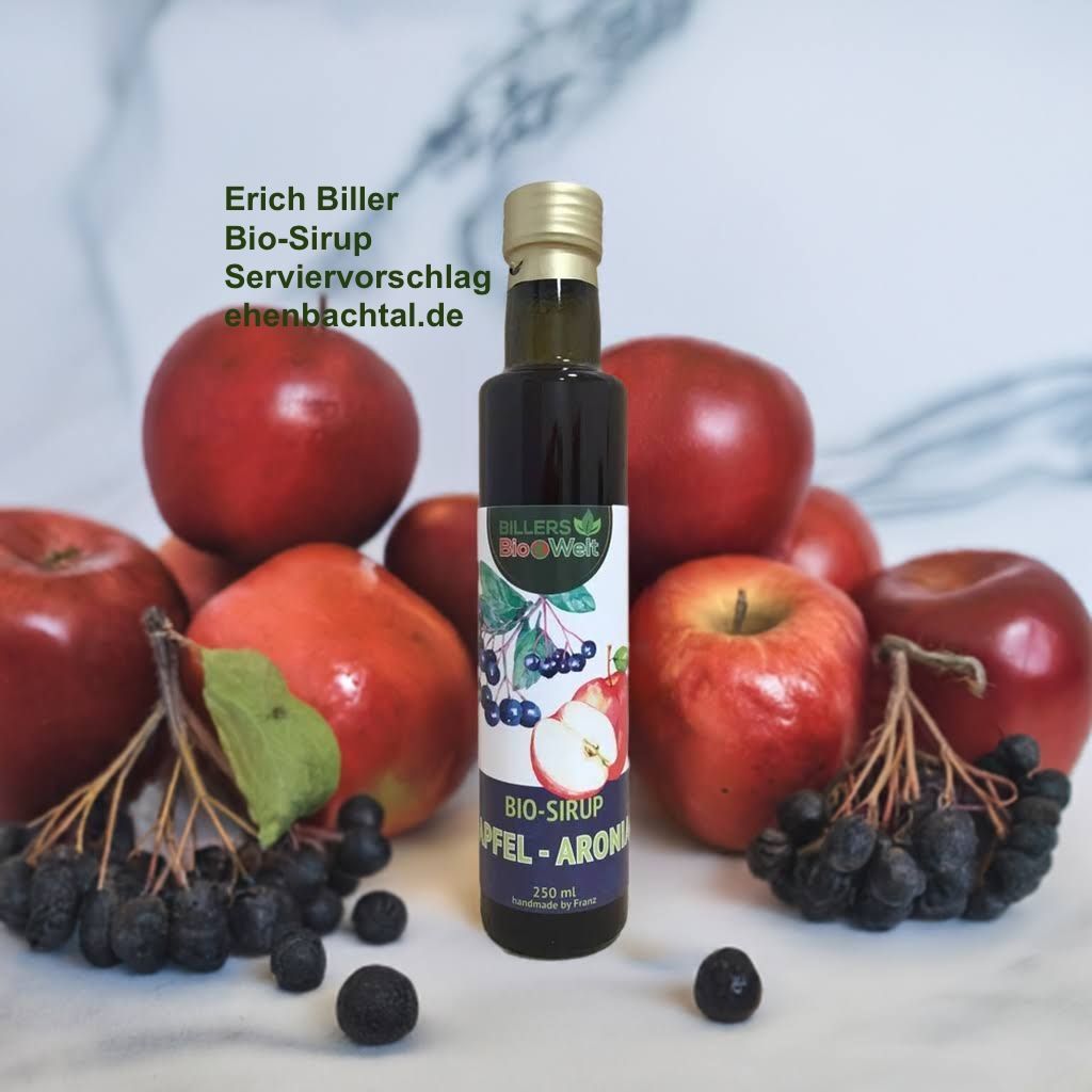 Eine Auswahl von unseren Erich Biller Bio Sirup in Flaschen Apfel - Aronia