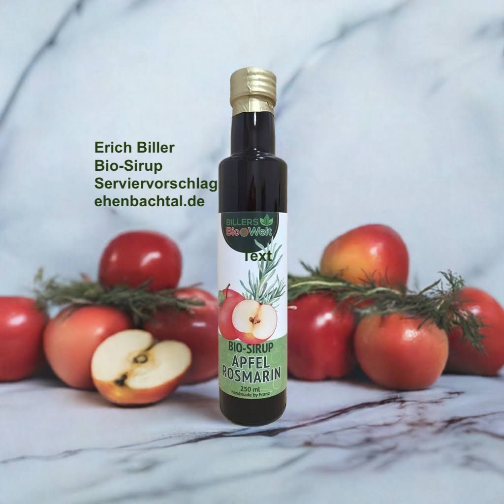 Eine Auswahl von unseren  Erich Biller  Bio Sirup in Flaschen  Apfel - Rosmarin